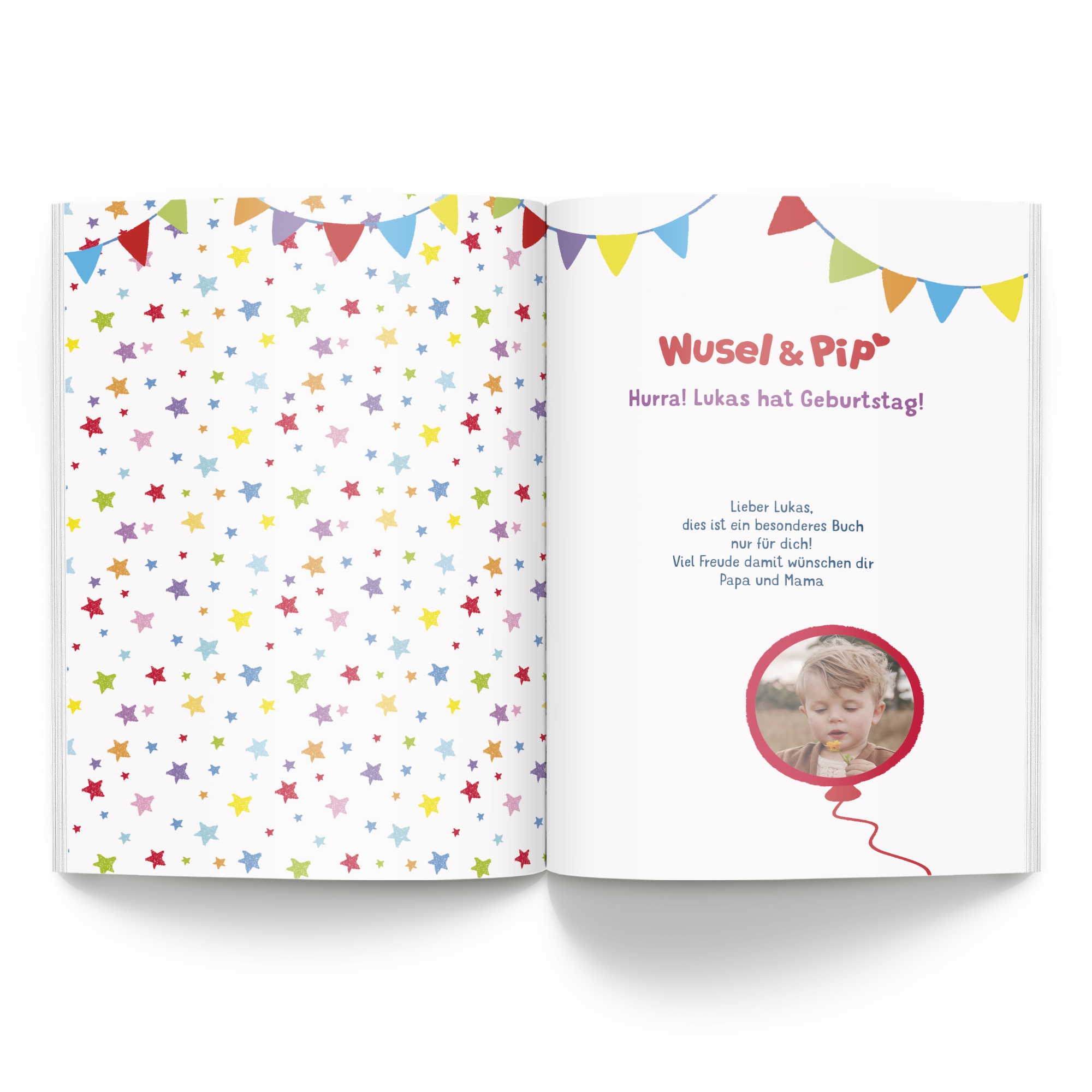 Personalisiertes Kinderbuch - Wusel & Pip - Geburtsdag - XL Softcover mit eingedrucktem Namen Lukas und Foto.