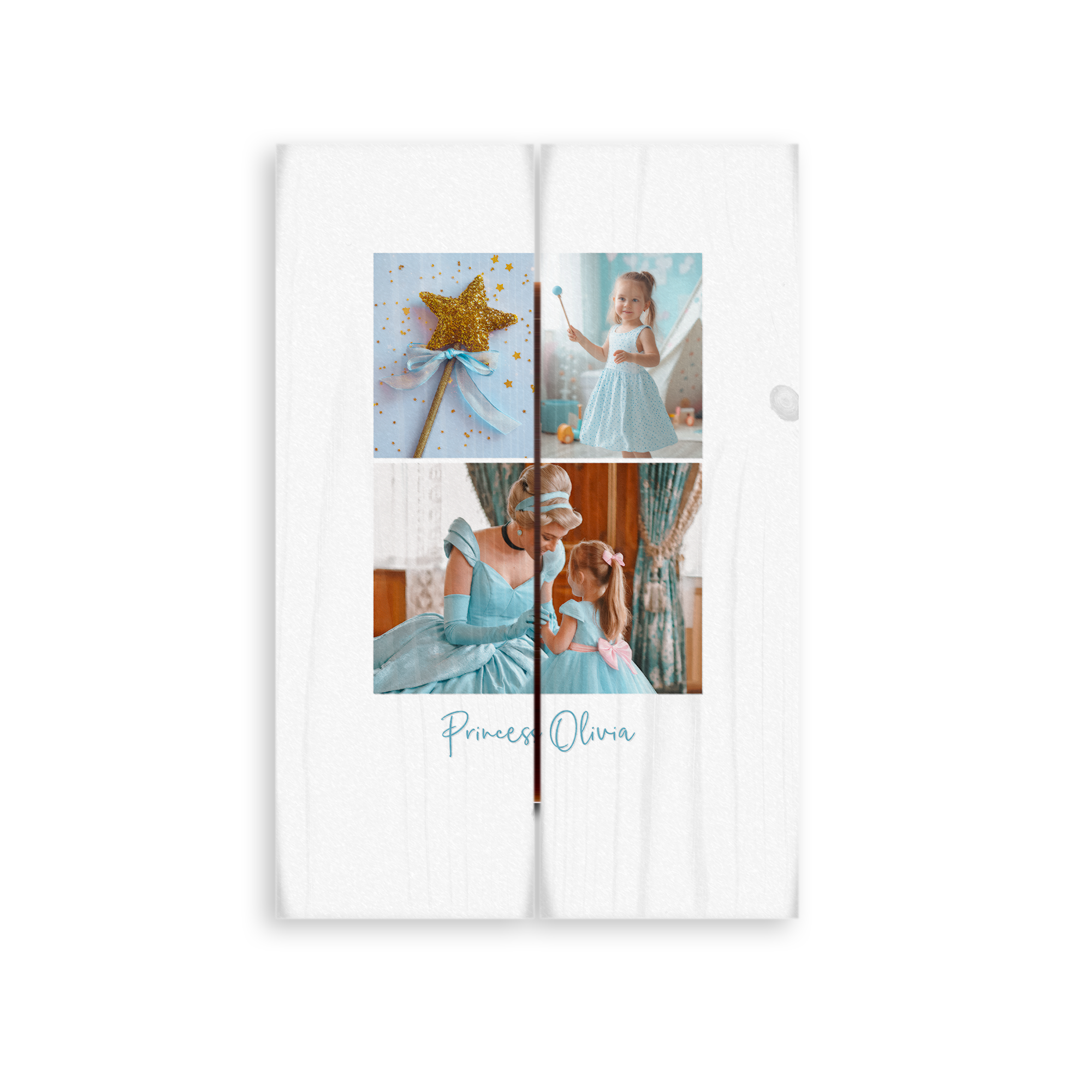Personalized photo print on wooden planks with images of a princess and a girl, and the name Princess Olivia.