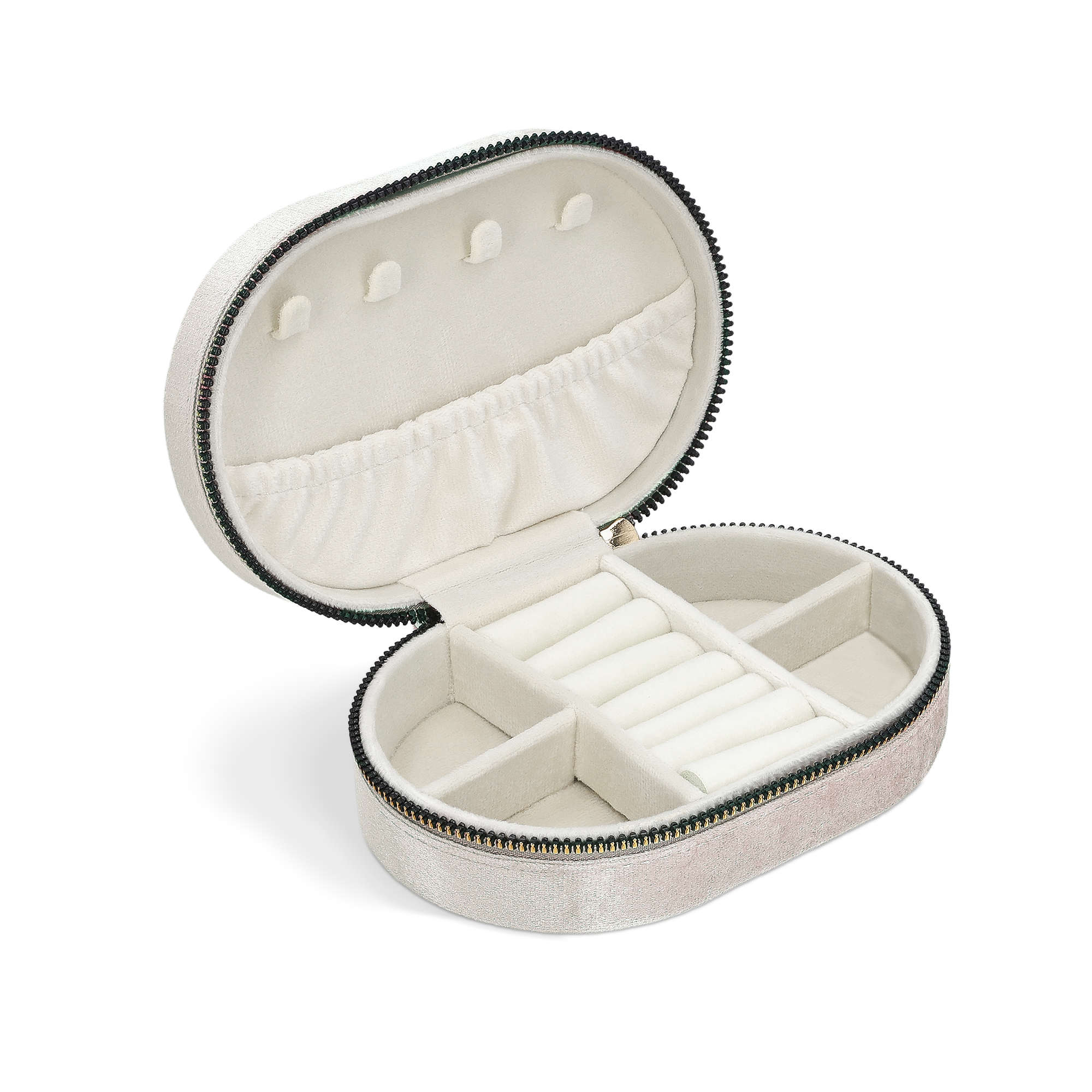 Open personalised jewellery box - oval - beige, showing multiple compartments, ring rolls, and a pocket for custom engravings.