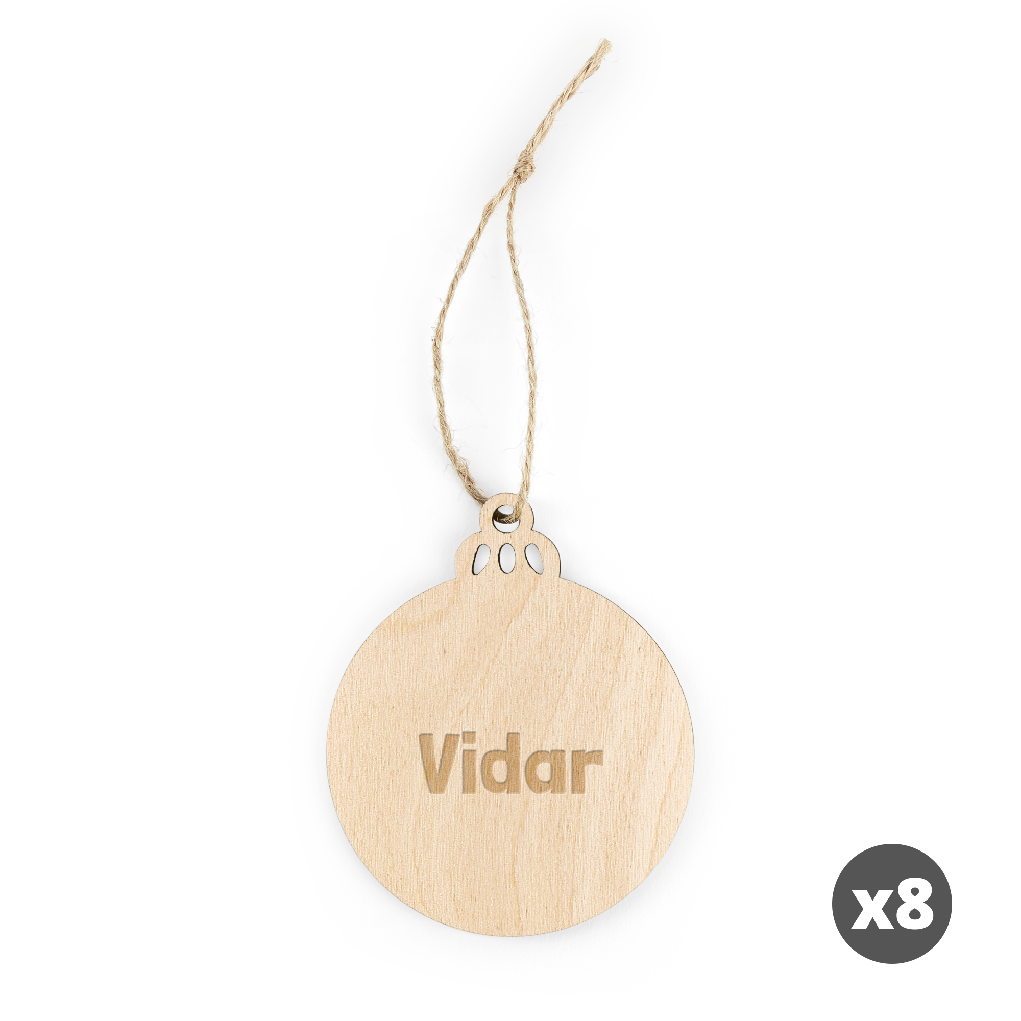 En graverad juldekoration i trä i form av en cirkel med namnet "Vidar" och ett snöre att hänga upp den i