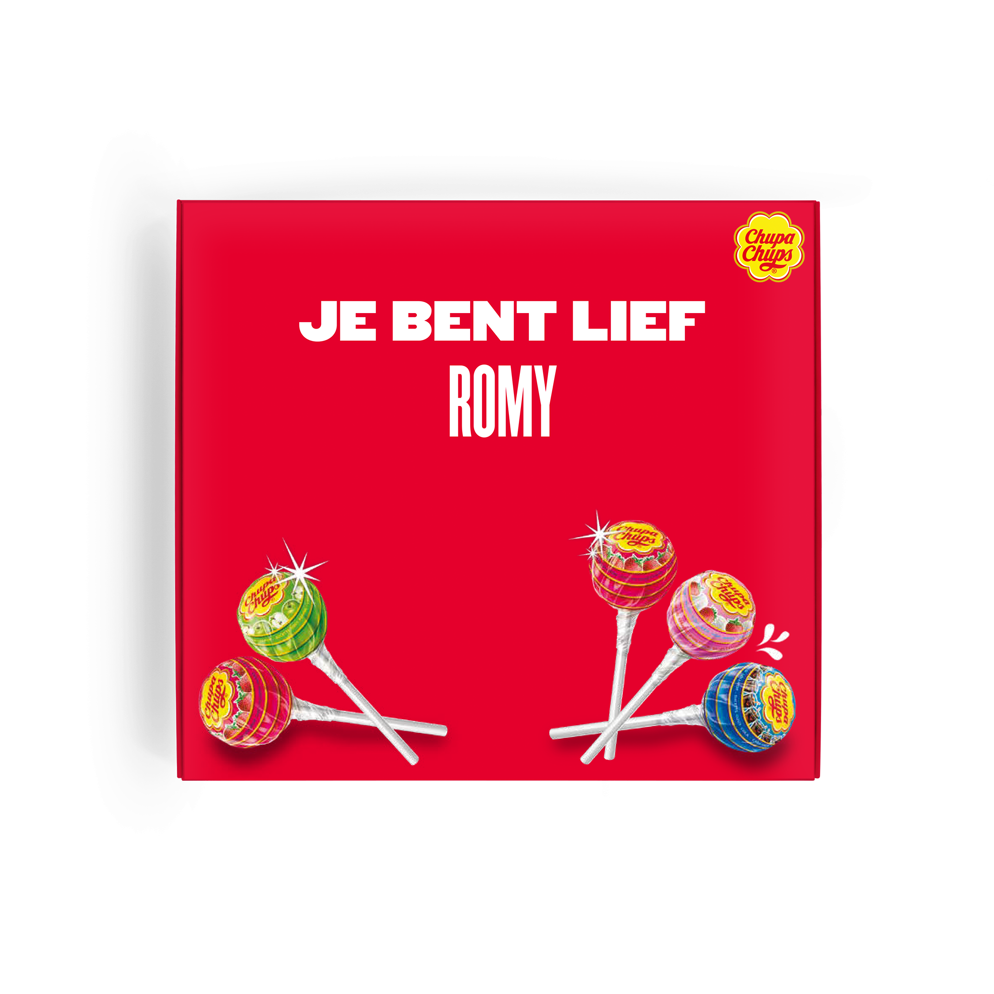 Gepersonaliseerde Chupa Chups-traktatie in brievenbusformaat met de gedrukte tekst "JE BENT LIEF ROMY" en lolly's.