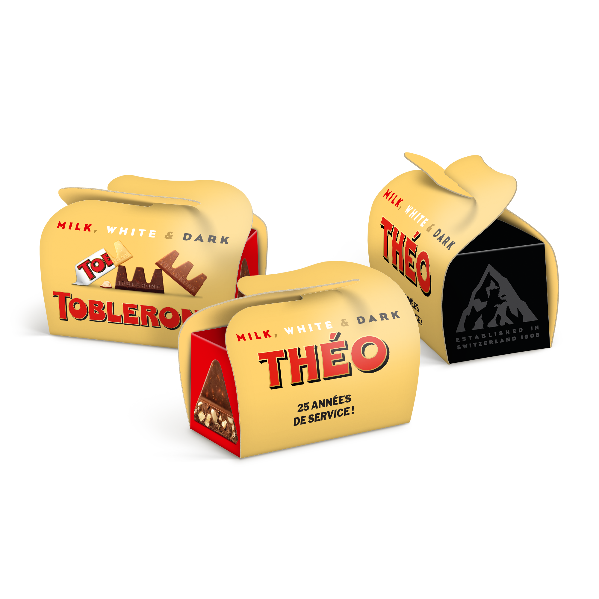 Trois mini-coffrets Toblerone personnalisés avec nom et texte. Créez des moments inoubliables avec des friandises au chocolat personnalisées.