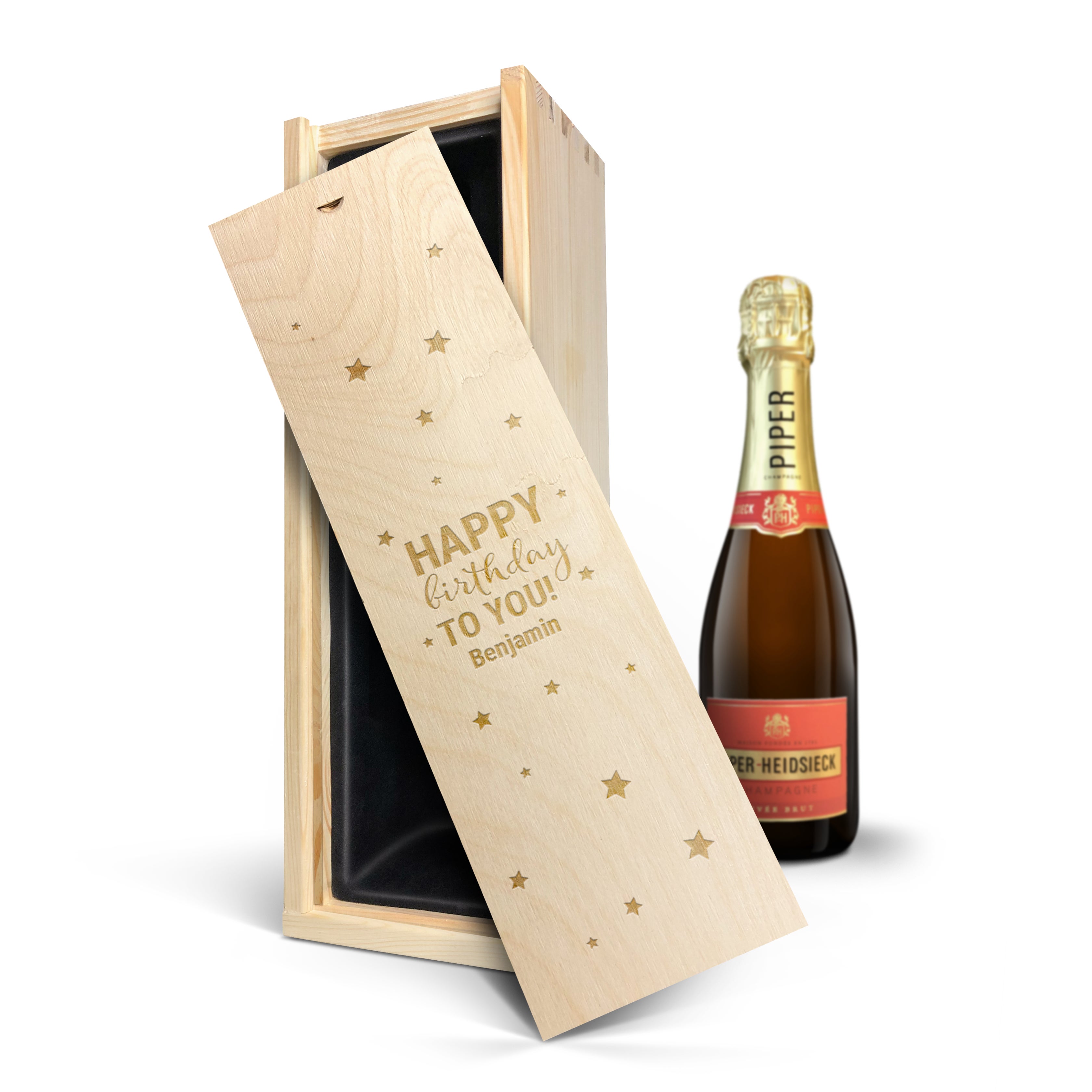 Personalised champagne gift - Piper Heidsieck Brut (375ml) - Engraved wooden case