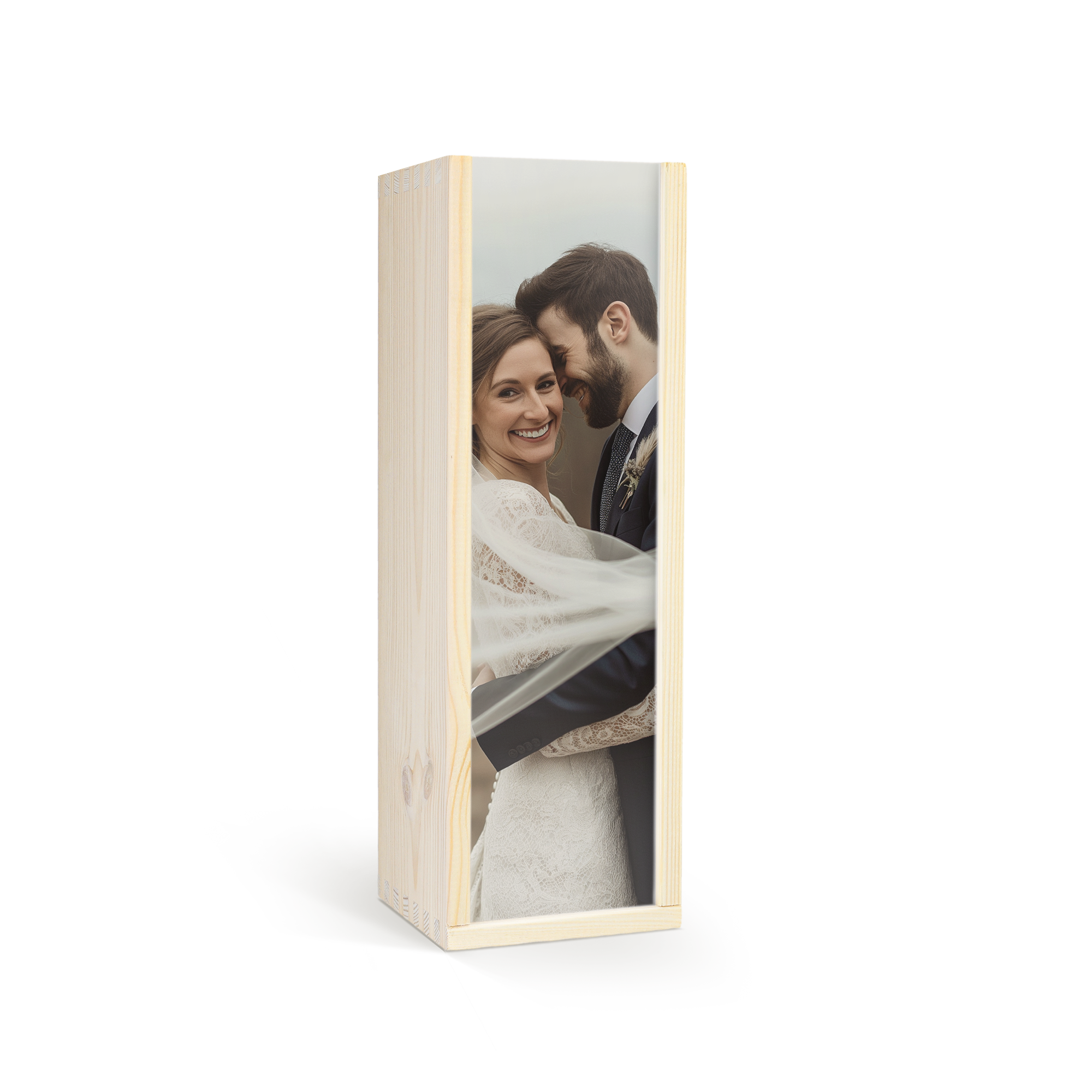 A custom wooden box for a Jack Daniels whisky bottle printed with a wedding photo of a happy couple