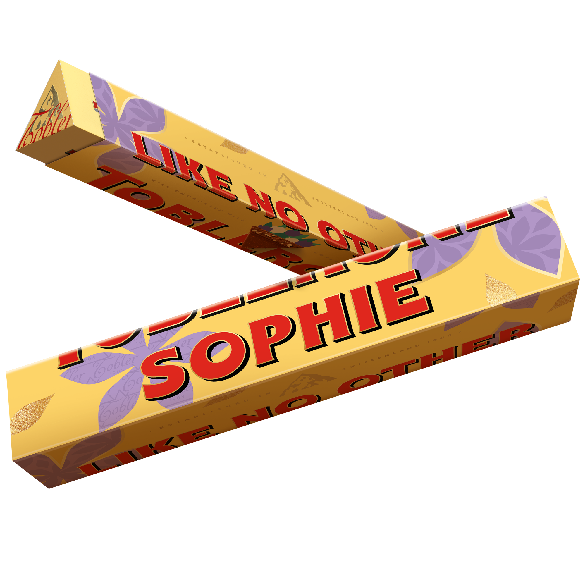 Personalizovaná čokoládová tyčinka Toblerone s jménem Sophie, tištěná na žlutém obalu s fialovými lístky.