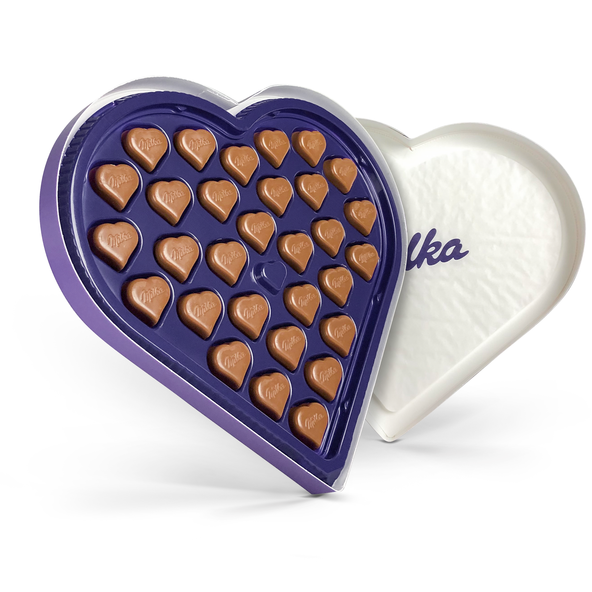 Personalizovaná krabička na čokoládu v tvare srdca s pralinkami Milka pre sladké chvíle.