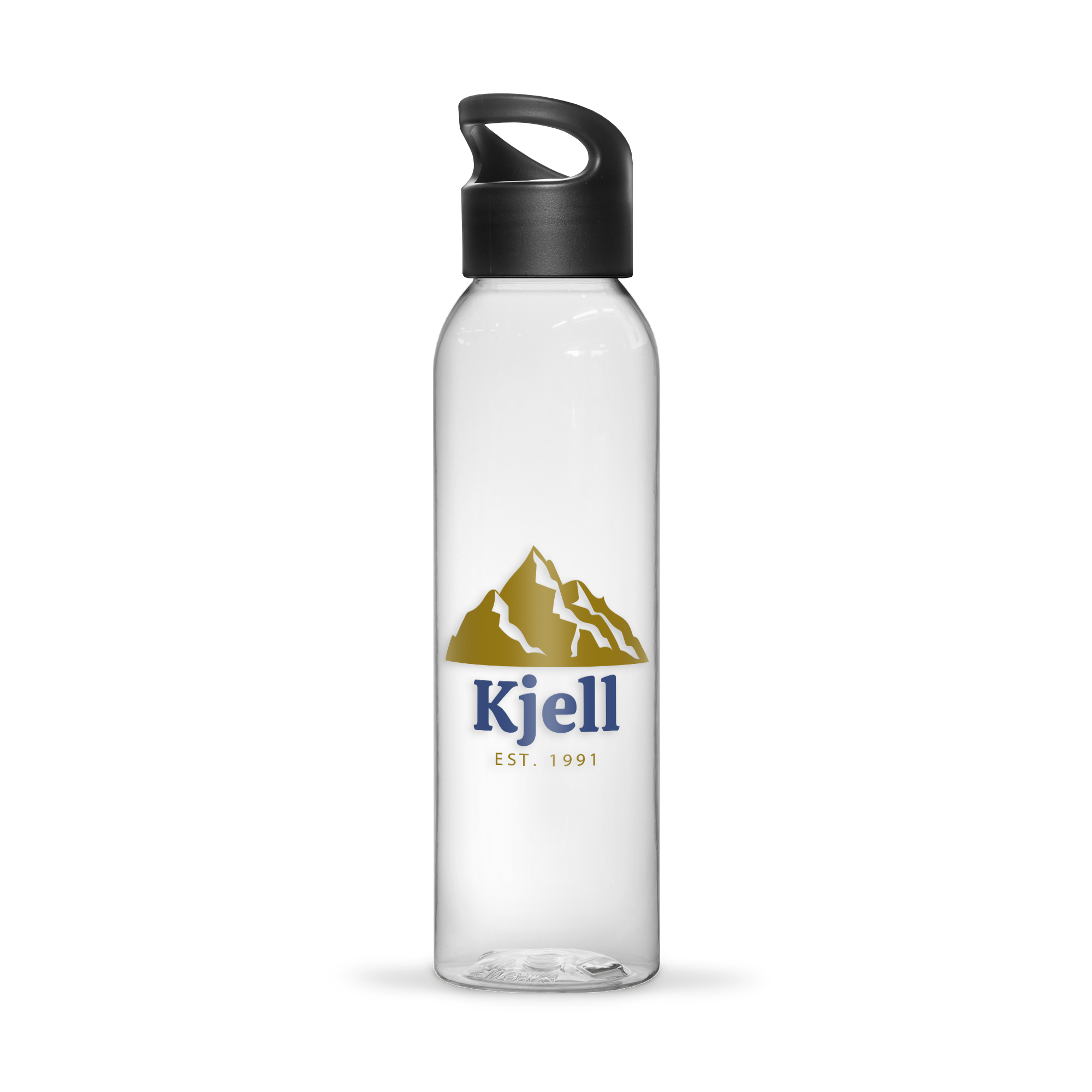 Gjennomsiktig personlig vannflaske med trykt logo av fjell og navnet "Kjell EST. 1991"