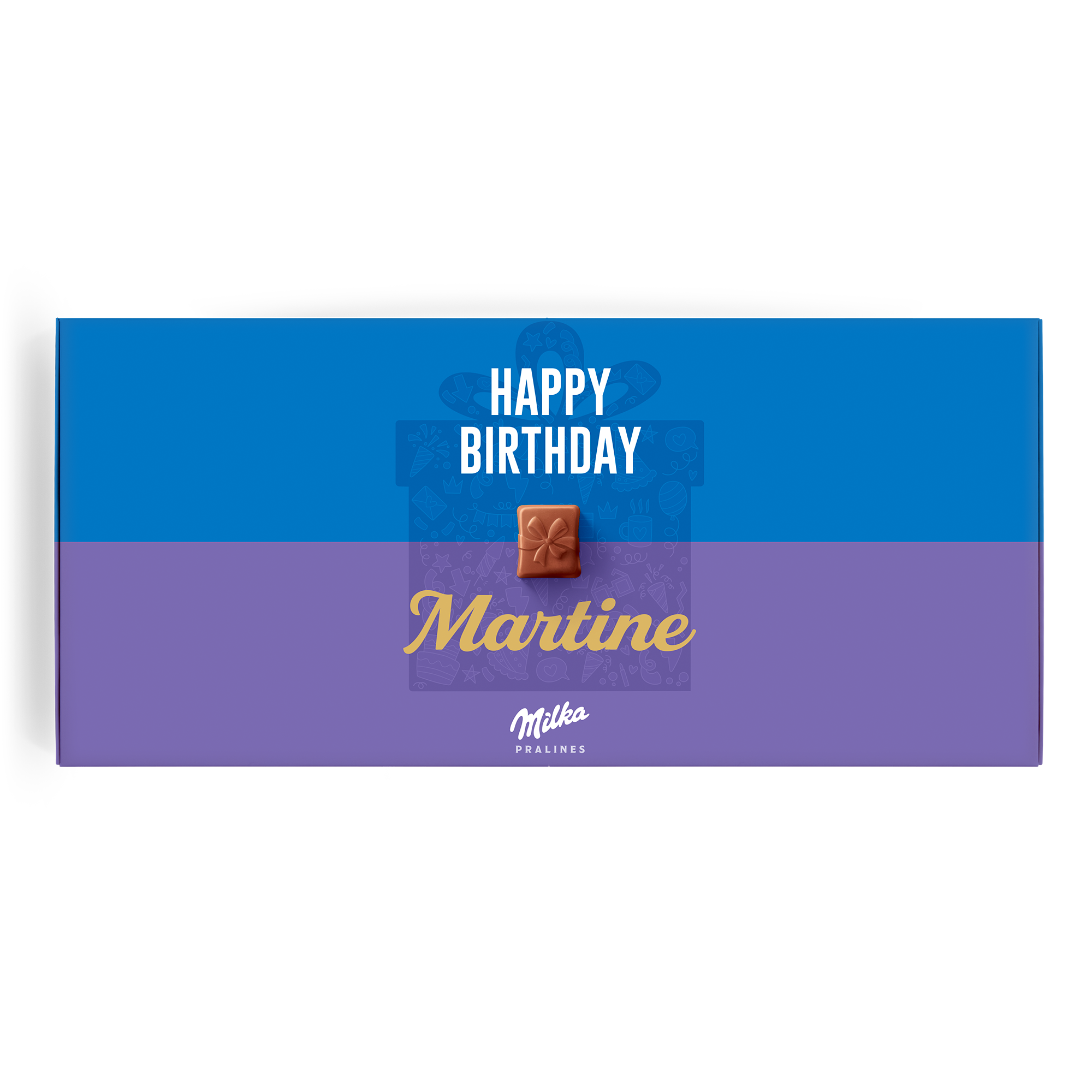 Milka sjokoladegaveeske, blå og lilla med teksten Happy Birthday og navnet Martine, personalisert med trykk.