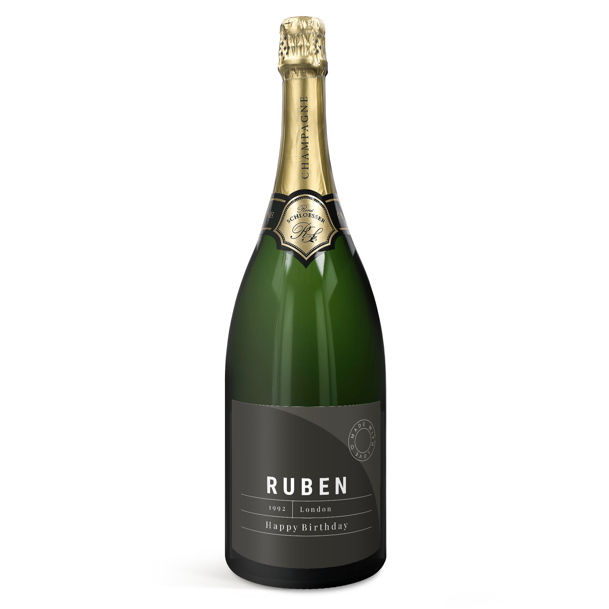 Green bottle of Rene Schloesser champagne with a personalized label, printed with Ruben, 1992, London, and Happy Birthday.