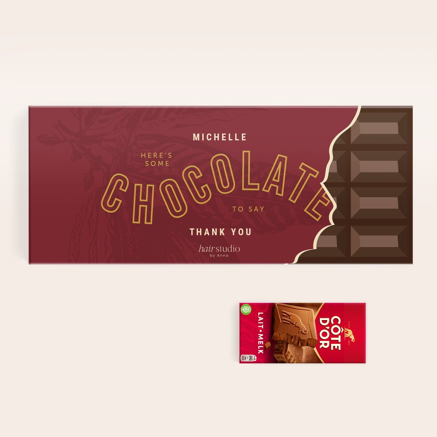Mega CÎte d'Or med tryckt namn Personlig XXL CÎte d'Or chokladkaka - YSP design med anpassad rödbrun förpackning tryckt med texten "Michelle Here's Some Chocolate to Say Thank You hair studio by Anna".