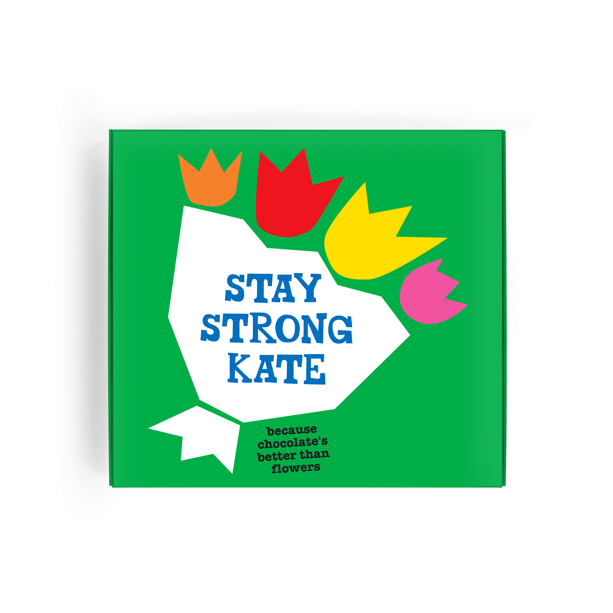 Caixa de presente Tony's Chocolonely Avelã personalizada com mensagem Stay Strong Kate e flores coloridas