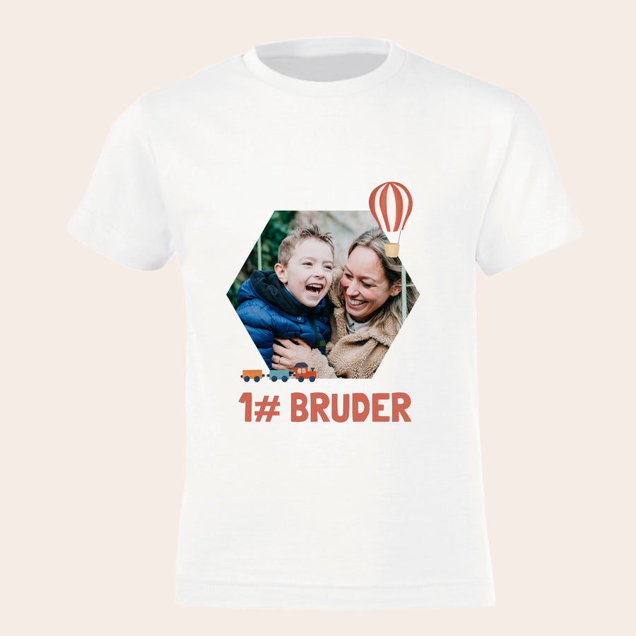 T-Shirt bedrucken - großer Bruder/große Schwester Weißes, personalisiertes T-Shirt für Schwangerschaftsverkündung, bedruckt mit einem Foto und der Aufschrift "1# BRUDER".