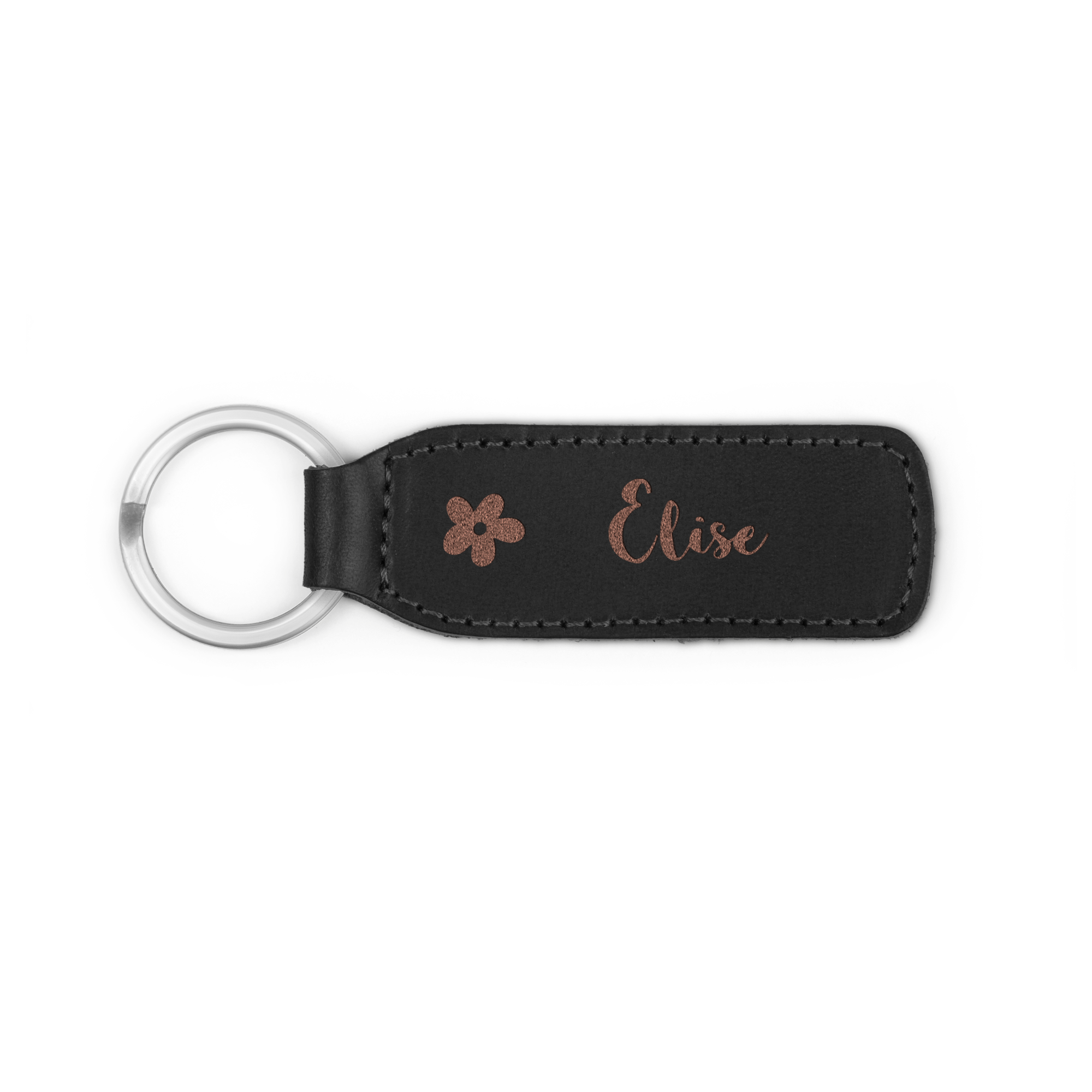 Porte-clé en cuir noir avec un prénom gravé au laser, Elise, accompagné d'une fleur.