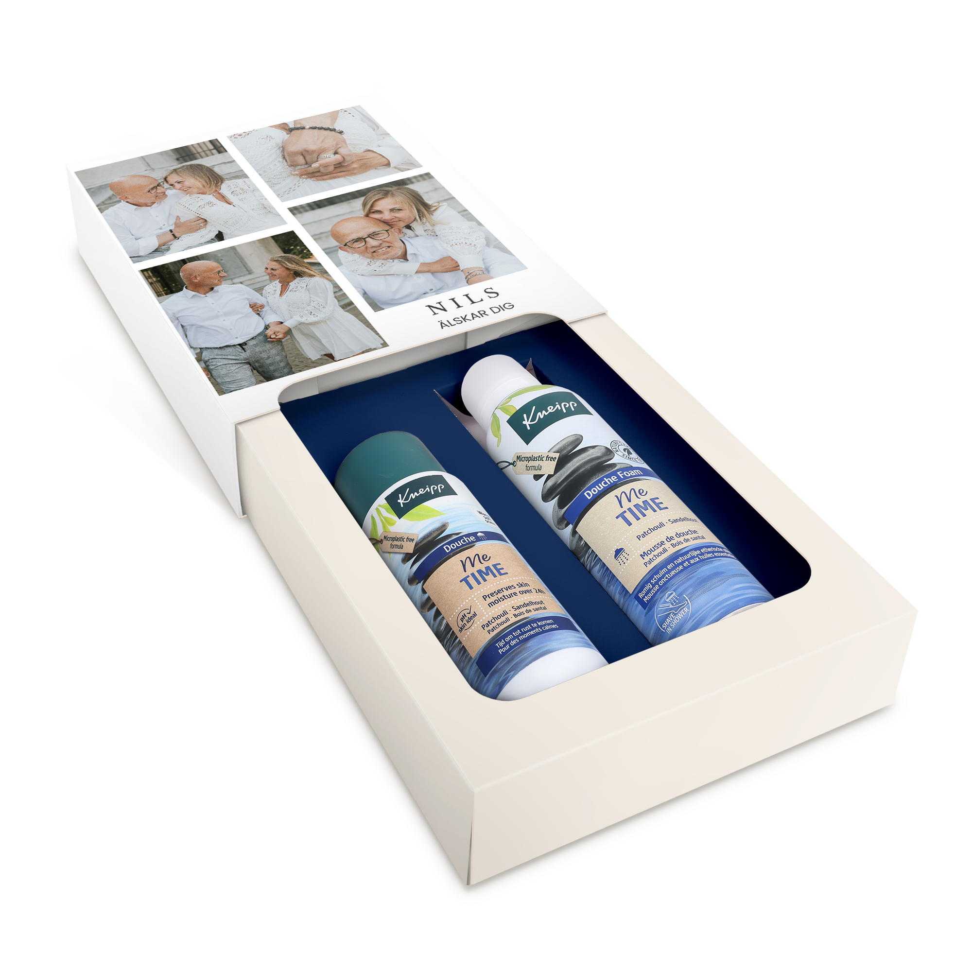 En personlig Kneipp wellness-gåva med duschgel och duschskum, med texten "NILS ÄLSKAR DIG" och fyra egna foton, för att överraska och skämma bort.