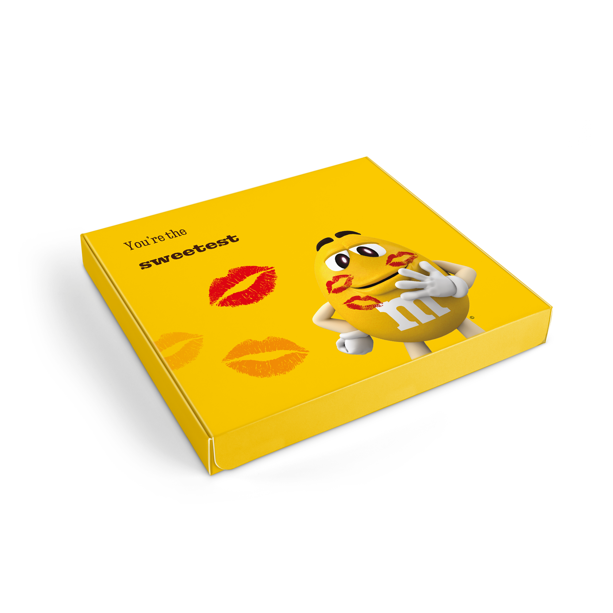 Yellow personalized printed M&Ms gift box with a kissing M&M character and 