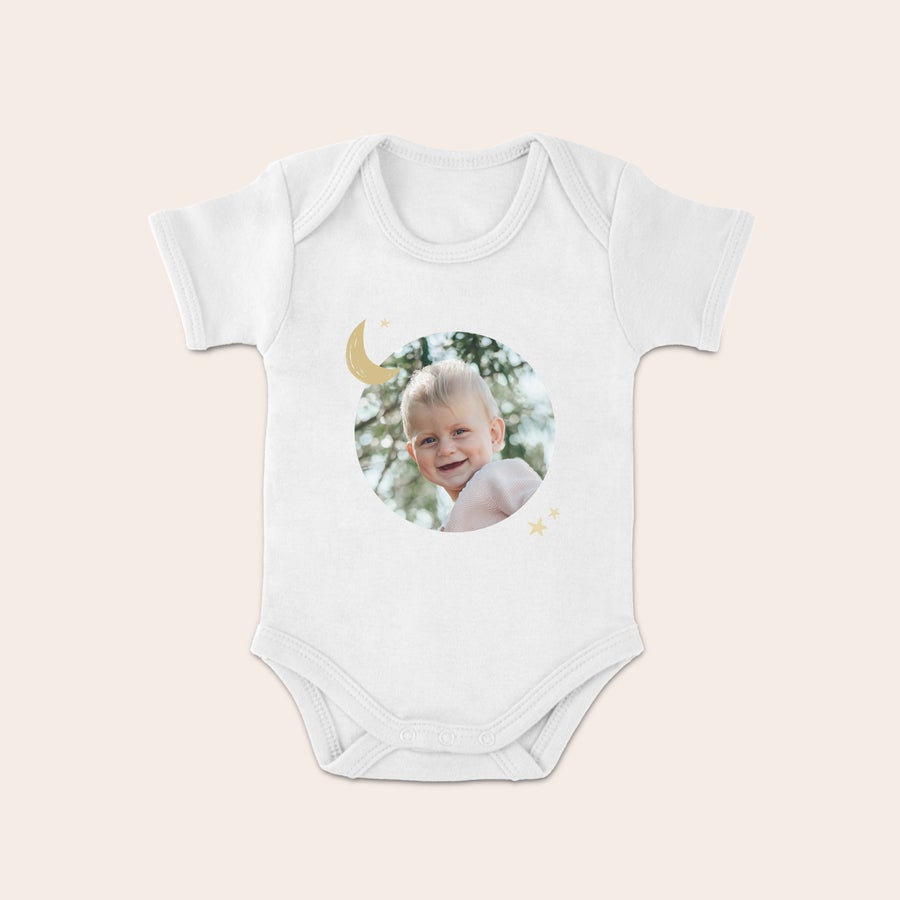 Personalised baby grow White personalized babygrow printed with a cute photo of a baby, moon and stars design for new parents