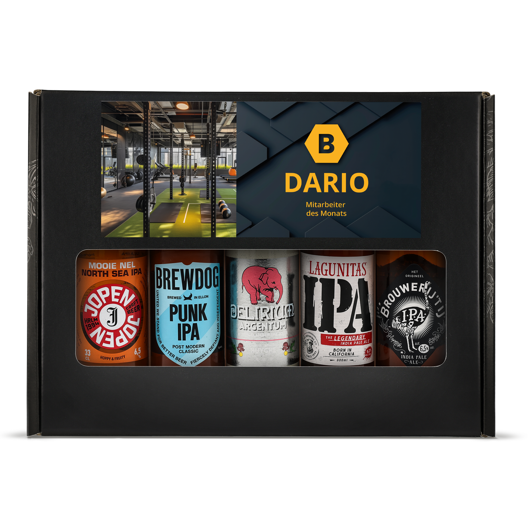 Personalisiertes Biergeschenkset Mikrobrauerei mit fünf Bieren und individuellem Deckeldesign Dario Mitarbeiter des Monats