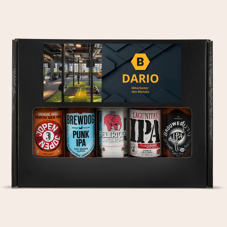 Bier Geschenkset personalisieren Personalisiertes Biergeschenkset Mikrobrauerei mit fünf Bieren und individuellem Deckeldesign Dario Mitarbeiter des Monats