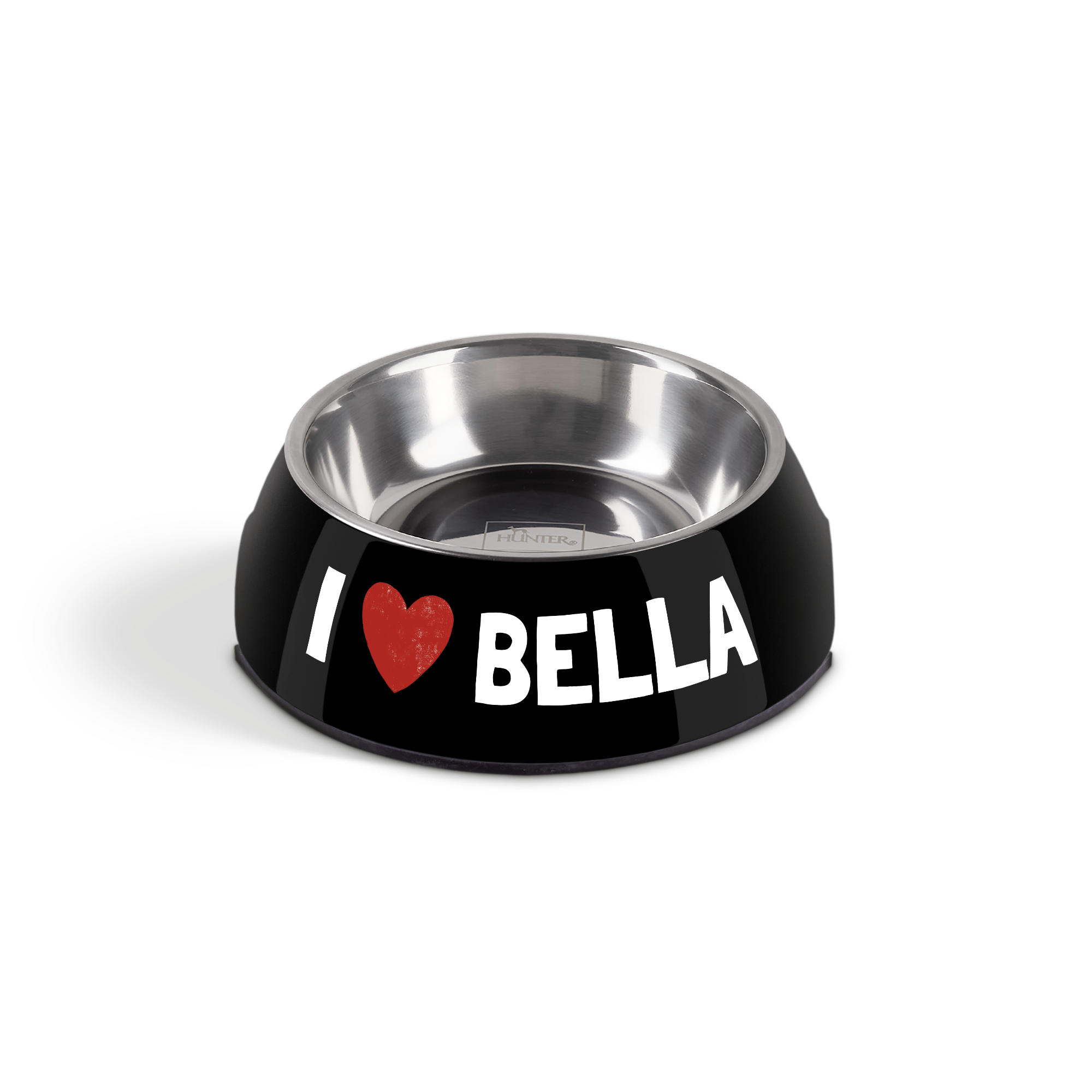 Personalisierter Futternapf für Hunde in Schwarz mit aufgedrucktem Text "I ❤️ BELLA" und rutschfestem Boden