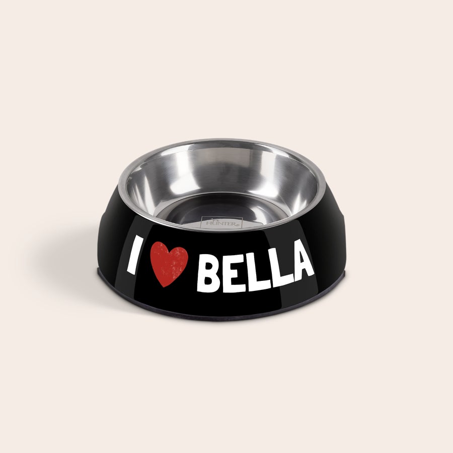 Hundenapf personalisiert Personalisierter Futternapf für Hunde in Schwarz mit aufgedrucktem Text "I ❤️ BELLA" und rutschfestem Boden