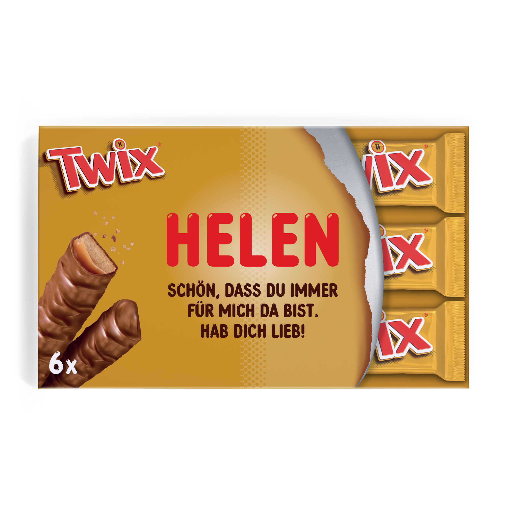 Personalisierte Twix Geschenkbox mit Namen Helen und der Nachricht Schön, dass du immer für mich da bist. Hab dich lieb! gedruckt.