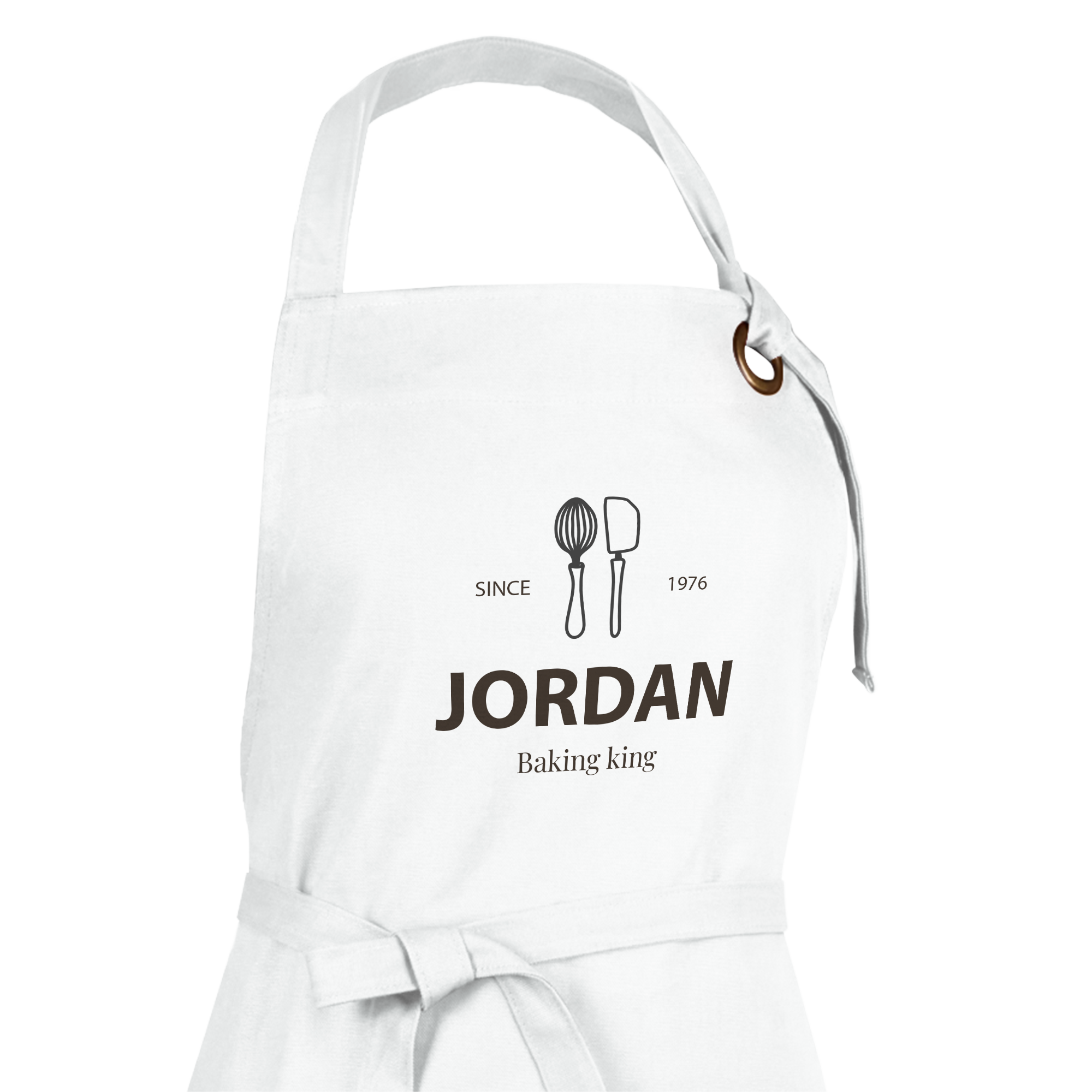 Grembiule da cucina bianco personalizzato con il nome Jordan e la scritta Baking King stampata