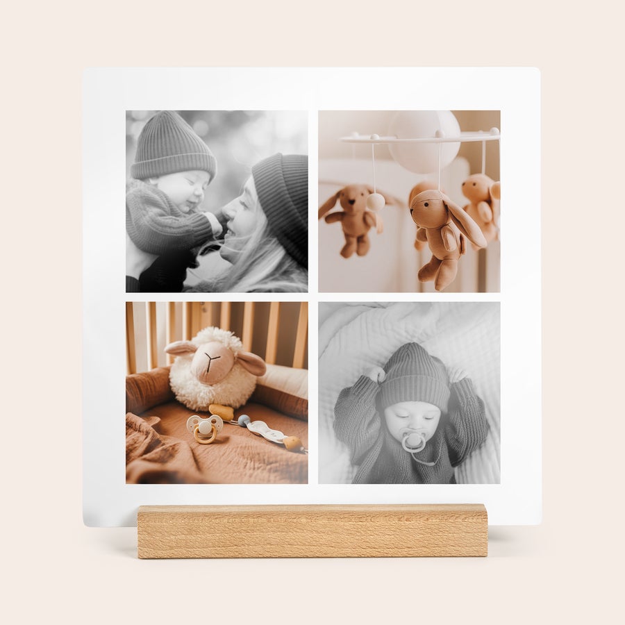 Lesena plošča s fotografijo Kvadratna lesena foto ploščica s personalizirano fotografijo na lesenem stojalu