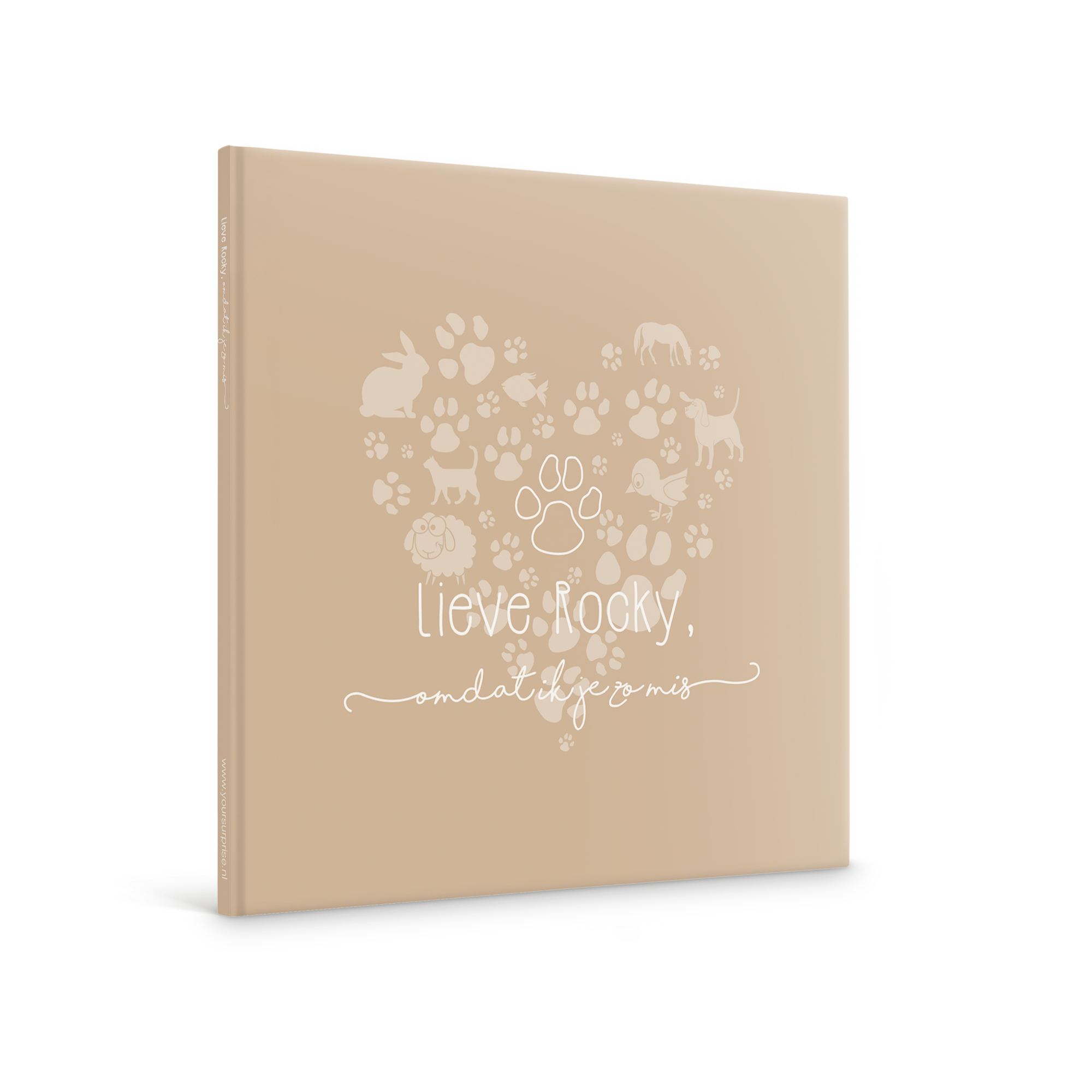 Gepersonaliseerd boek - Lief huisdier, omdat ik je zo mis - Hardcover, bedrukt met naam Rocky en dierenpootjes als hartvormig patroon.