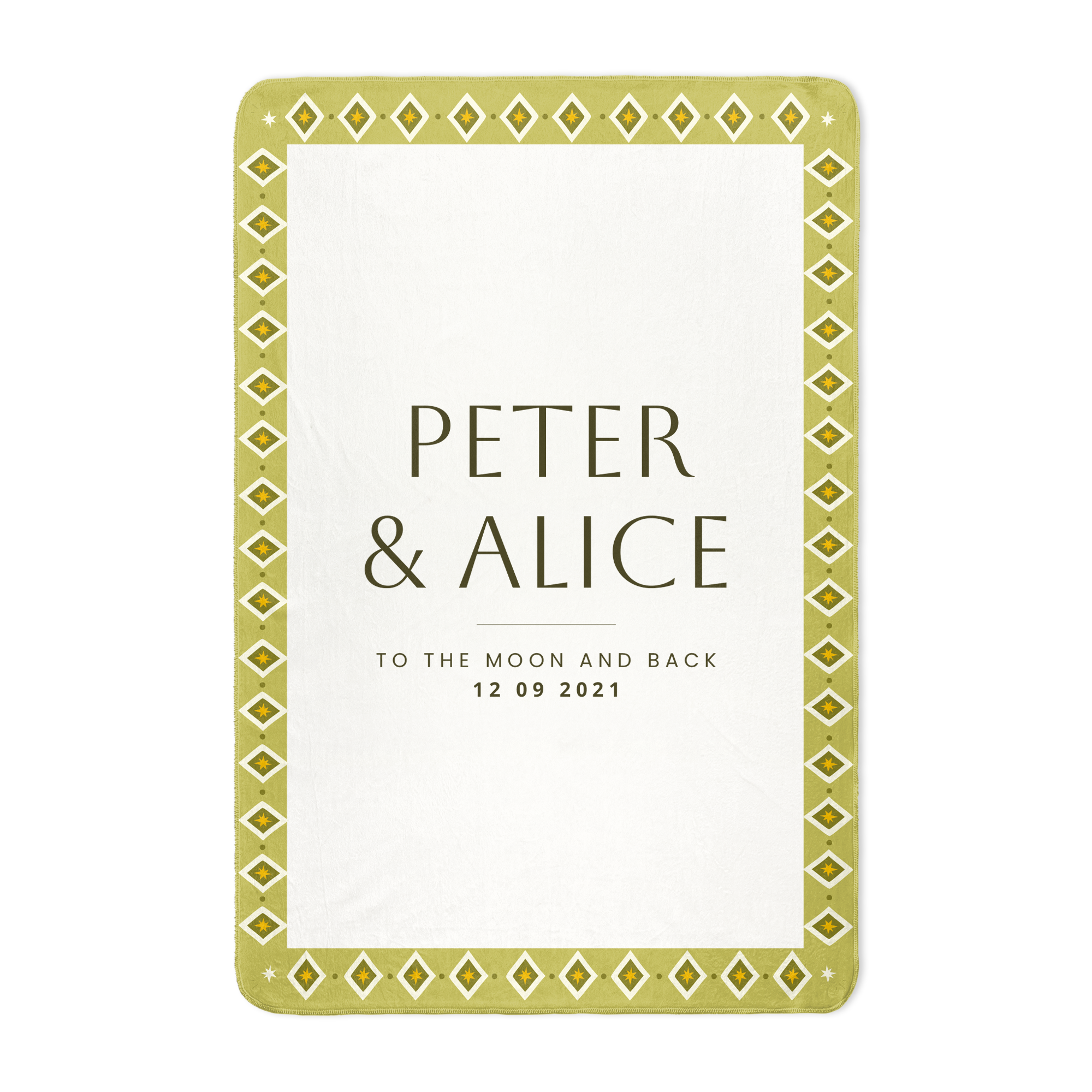 Manta de lã verde com o texto PETER & ALICE To The Moon And Back 12 09 2021, uma manta de lã personalizada
