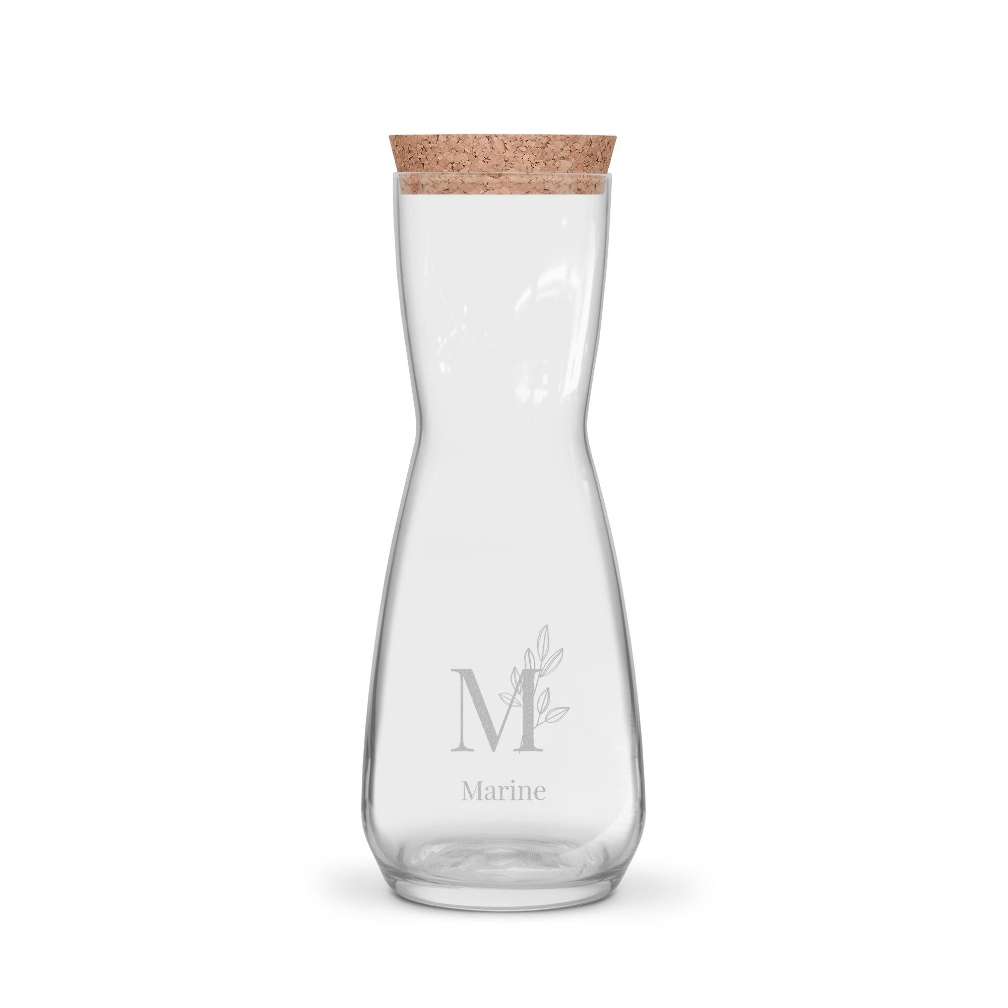 Carafe à eau ou vin personnalisée avec bouchon en liège gravée du prénom Marine et une initiale M
