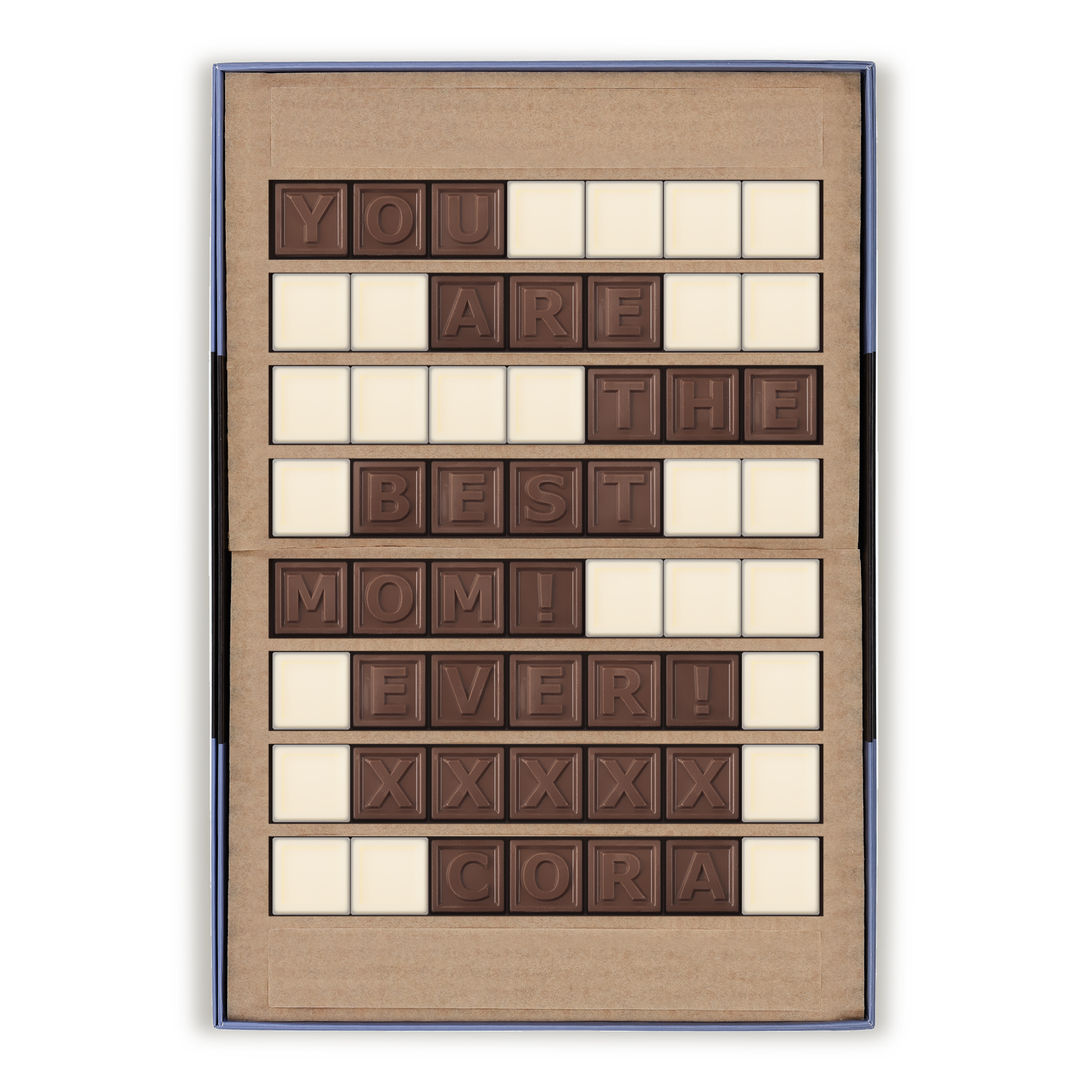 Chokolade-telegram med personlig besked "YOU ARE THE BEST MOM EVER! XXXX CORA", som fortæller dine yndlingsfolk, hvordan du føler dig.