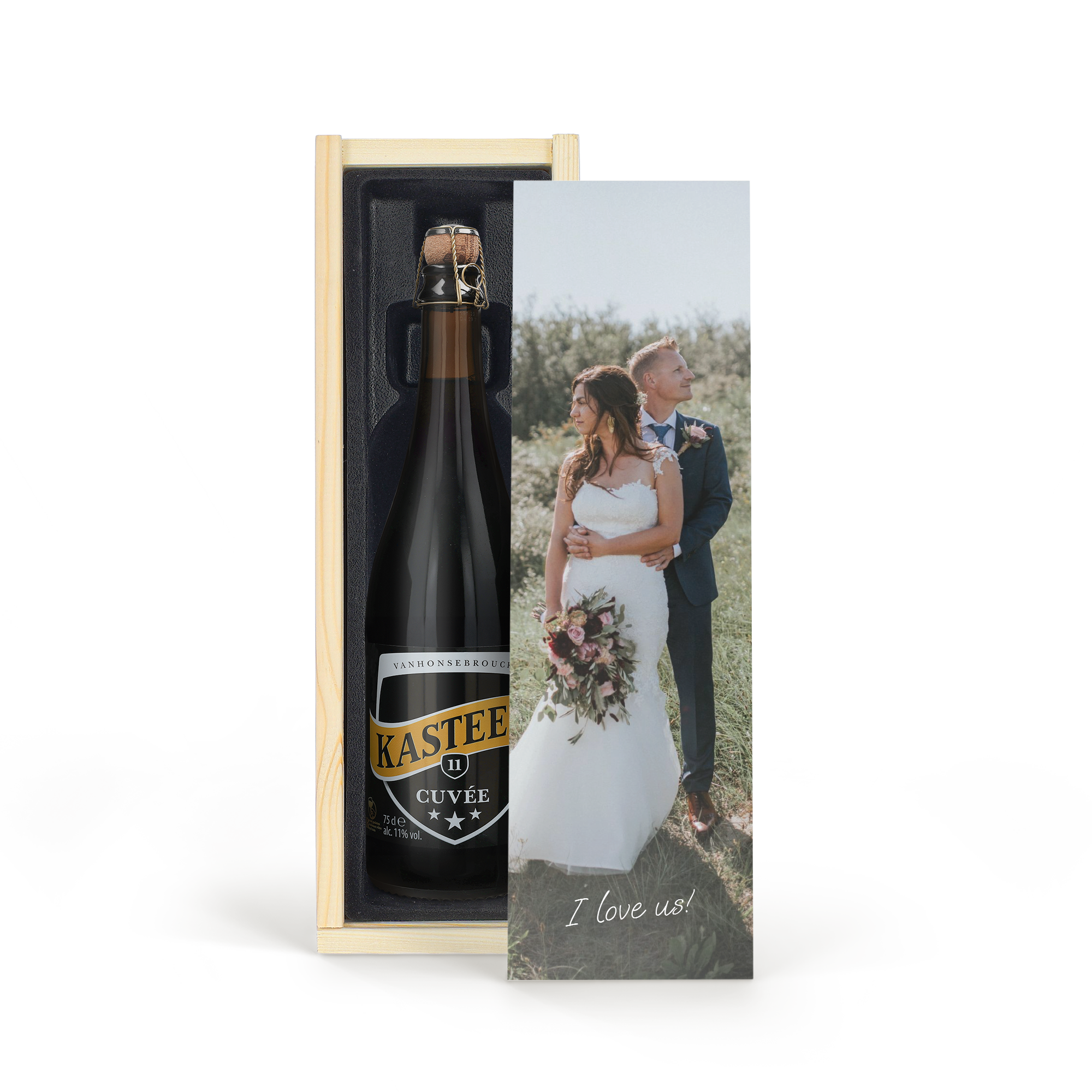 Caixa de madeira personalizada com foto de casamento impressa para presente de cerveja, com garrafa Kasteel Cuvée