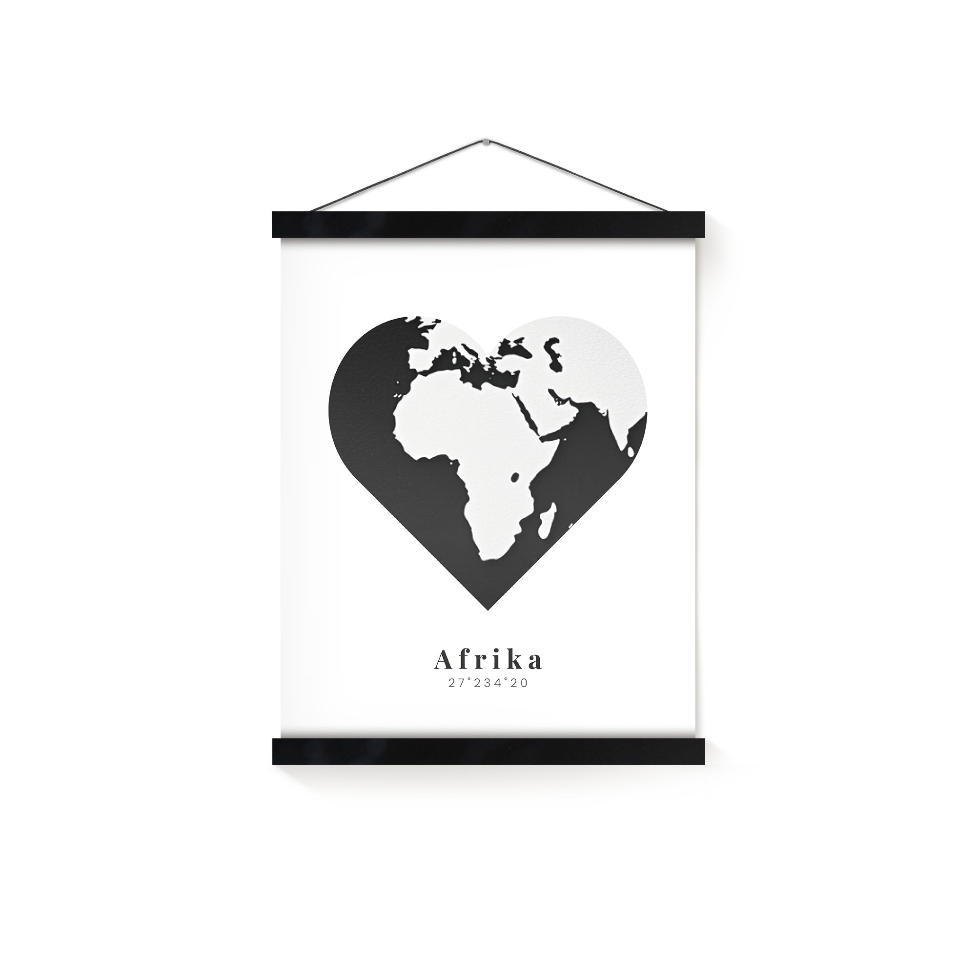 Póster personalizado, imagem impressa de mapa-múndi em forma de coração com nome e coordenadas de "Afrika".