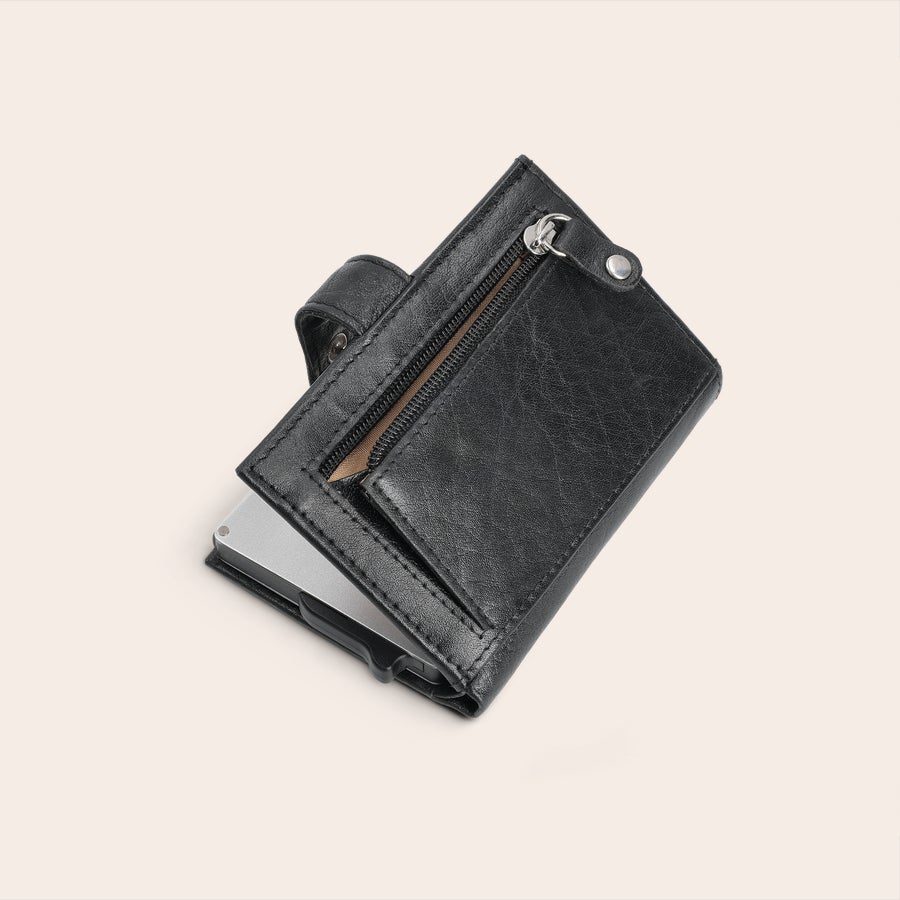 Titular de cartão personalizado Porta-cartões bancários de couro preto personalizado com compartimento para moedas com zíper