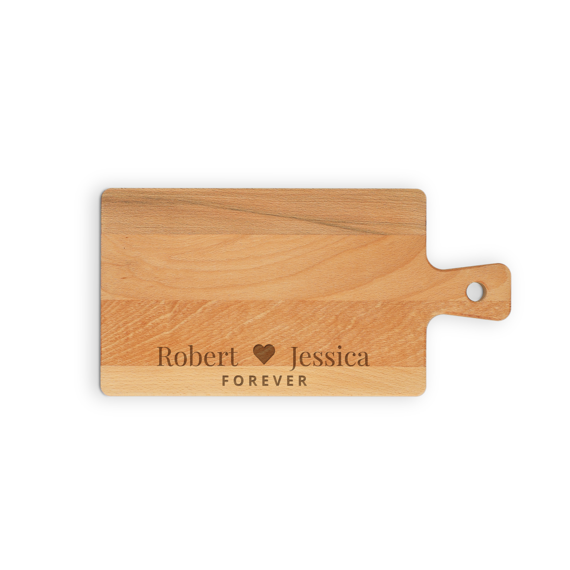 Houten serveerplank met gegraveerde namen Robert en Jessica met hartje en Forever voor de lekkerste hapjes