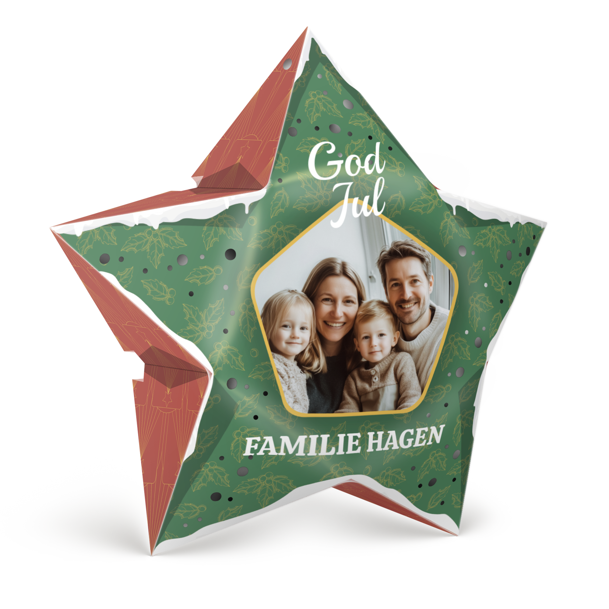 DIY papirjulestjerne med familiebilder, God Jul og familienavnet trykt. Lys opp høytiden med et personlig preg.