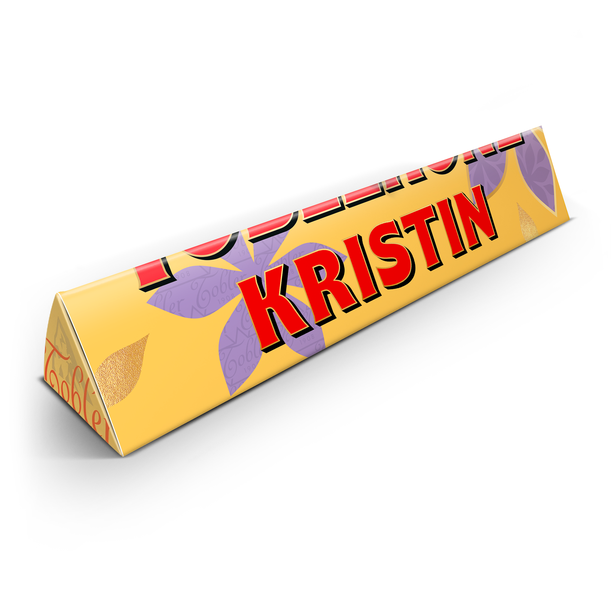Personlig Toblerone-sjokoladebar i gul og lilla med navnet KRISTIN trykt på omslaget