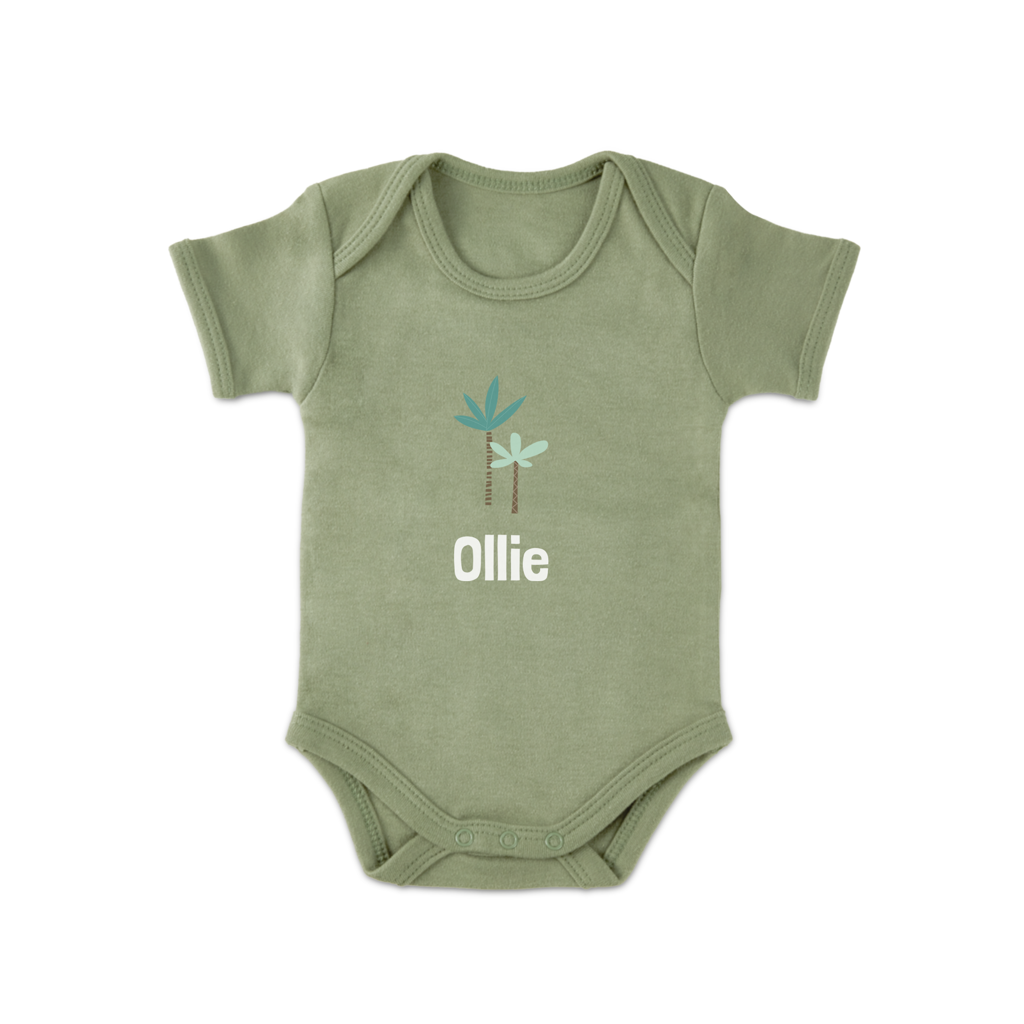 Salopetă verde măsliniu personalizată cu nume imprimat și model de palmieri, un cadou util pentru proaspeții părinți.