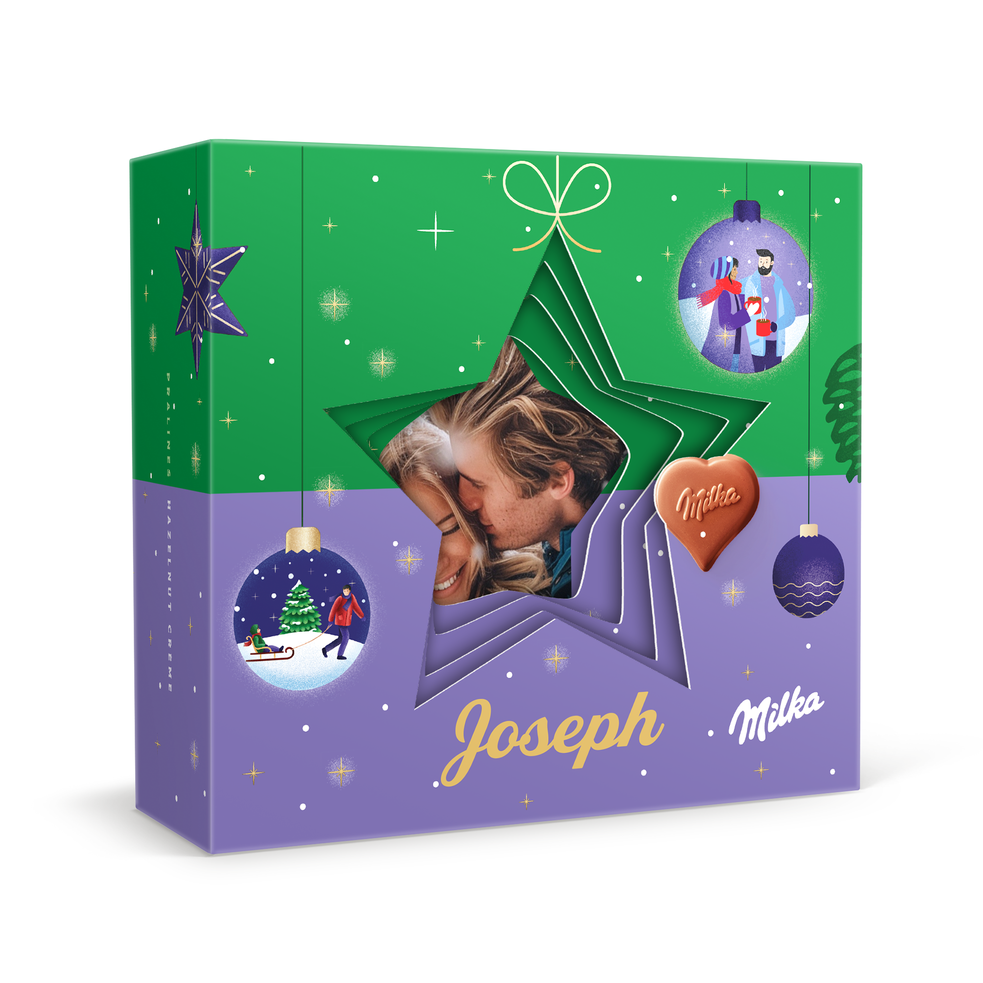 Inimi Milka în cutie cadou 3D personalizată - Crăciun
