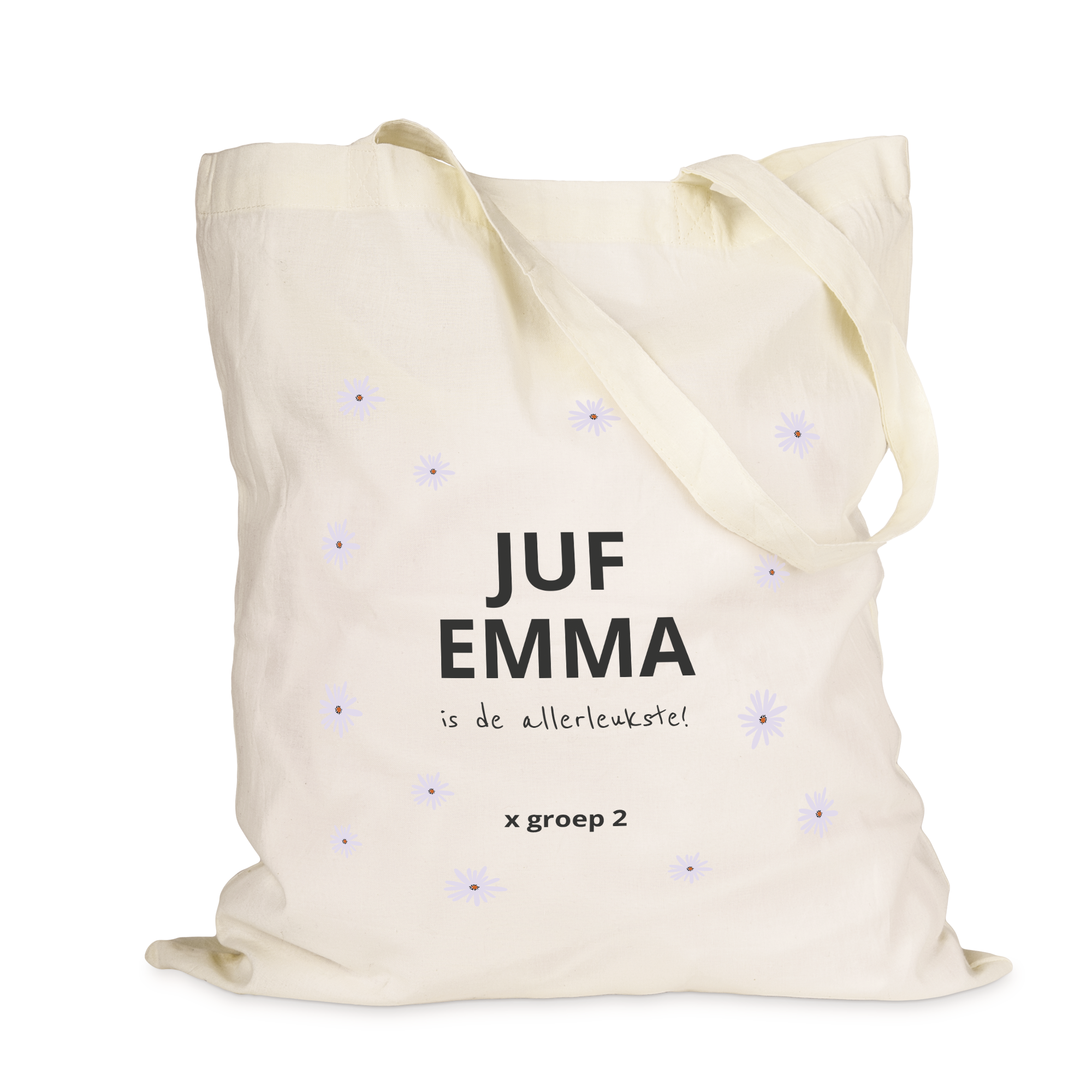 Crèmekleurige linnen tas, bedrukt met paarse bloemen en de tekst "JUF EMMA is de allerleukste! x groep 2".