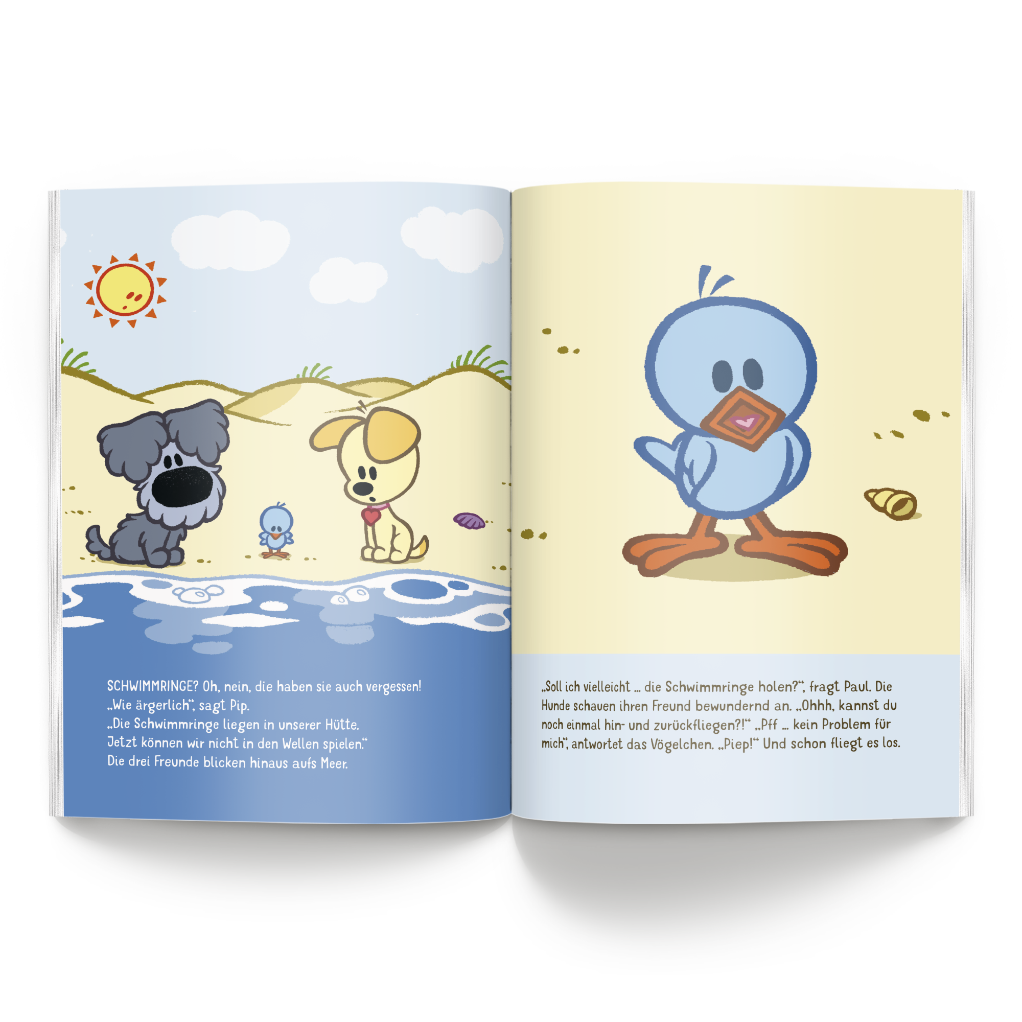 Personalisiertes Kinderbuch - Wusel & Pip - 1 Freund - XL Softcover mit personalisiertem Text, aufgeschlagen am Strand.