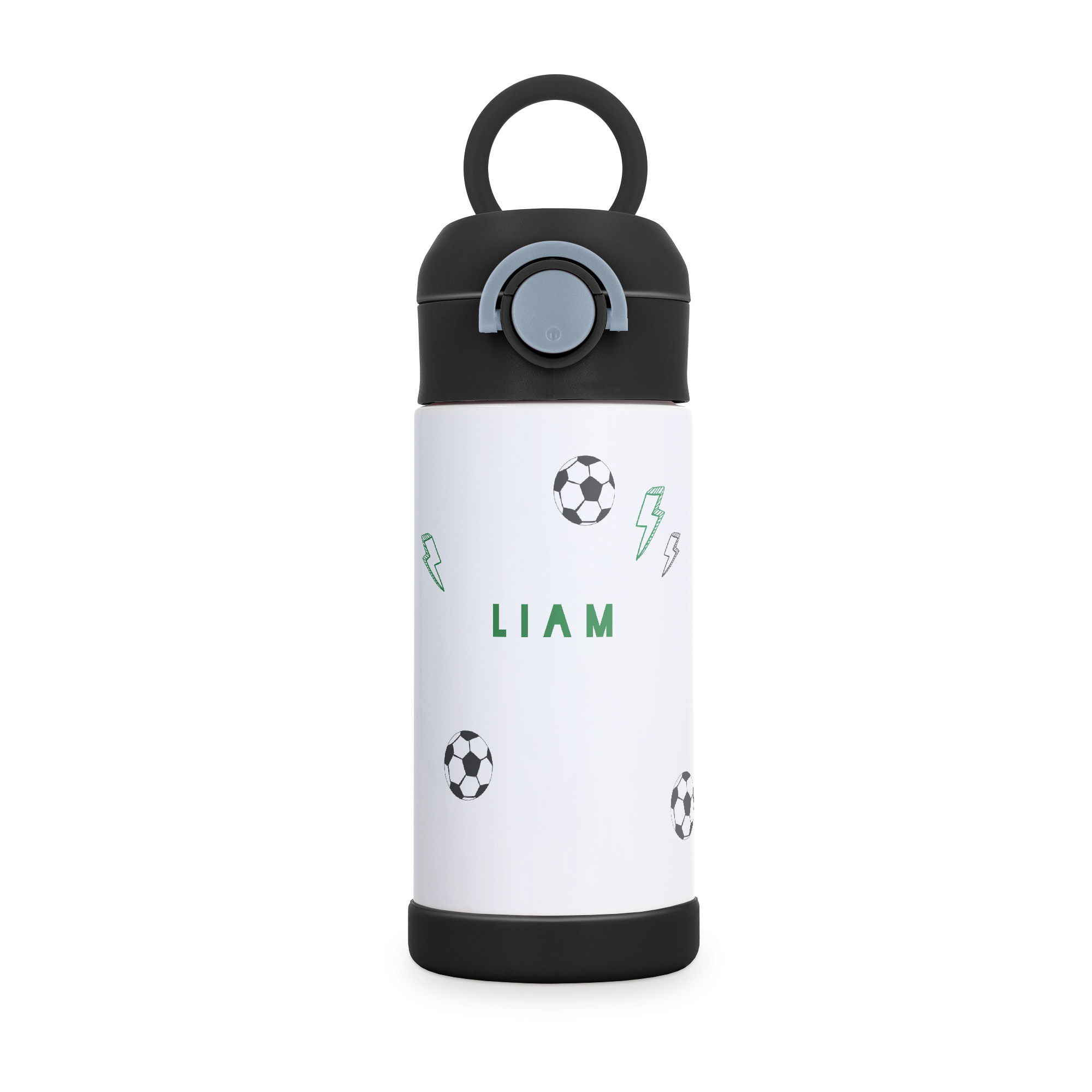 Vit anpassad vattenflaska i rostfritt stål med tryck av fotbollar, blixtar och namnet Liam i grönt