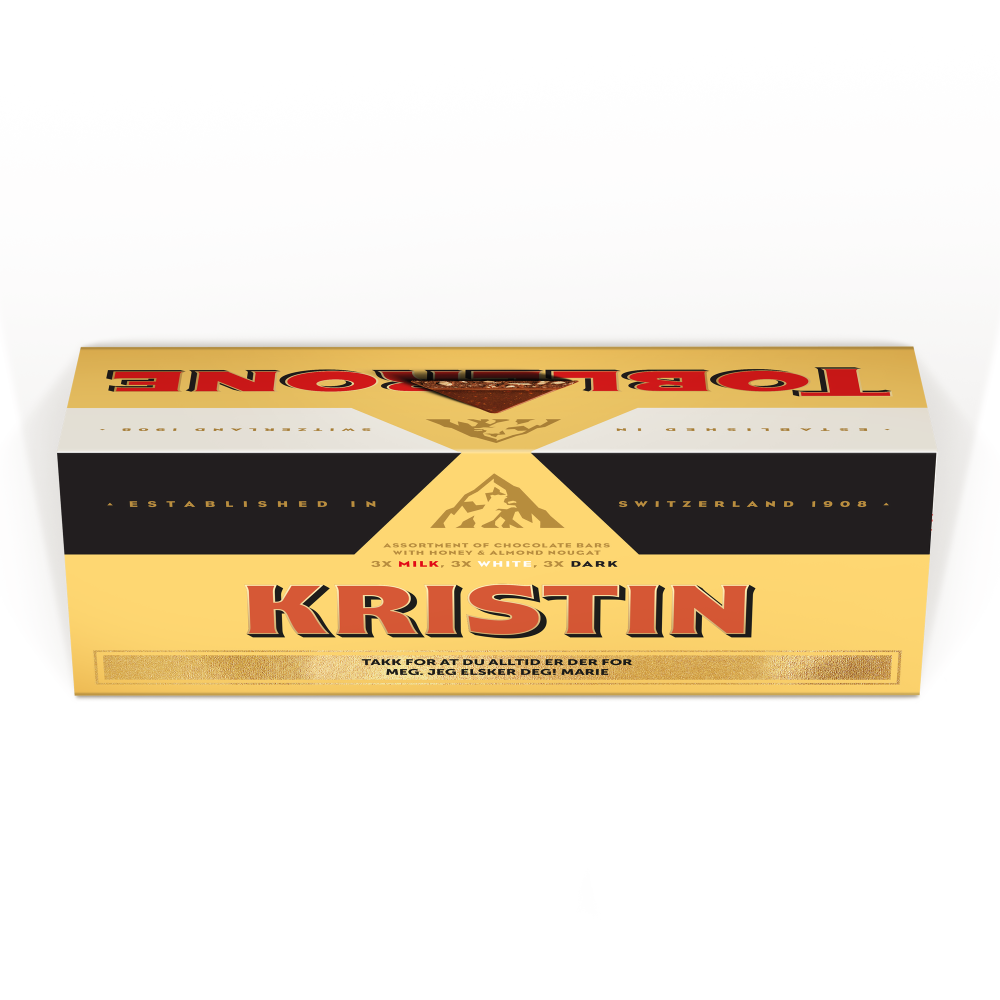Denne personlige XL Toblerone Selection sjokoladebaren er trykt med navn KRISTIN og melding