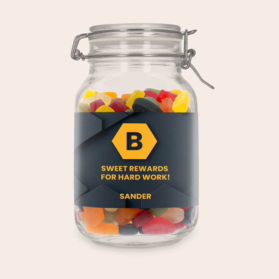 Tarro de caramelos personalizado Tarro de dulces personalizado con gominolas de vino, etiqueta impresa con letra "B" y texto "SANDER".