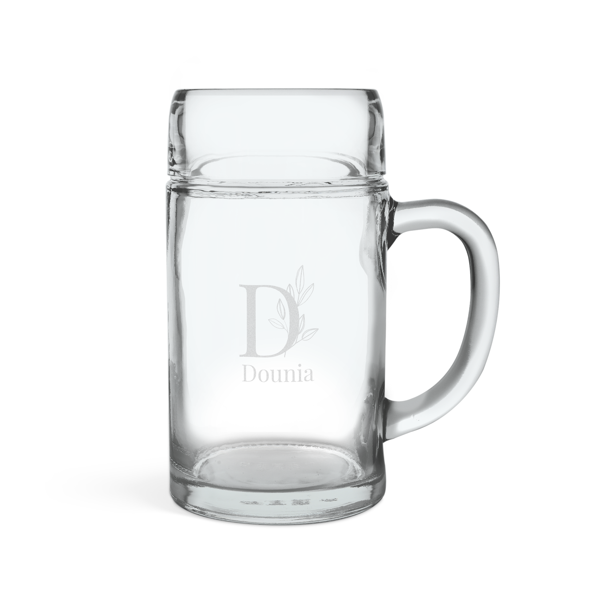 Verre à bière personnalisé de 1 L, gravé du prénom Dounia et d'un D stylisé, pour porter un toast à la belle vie.