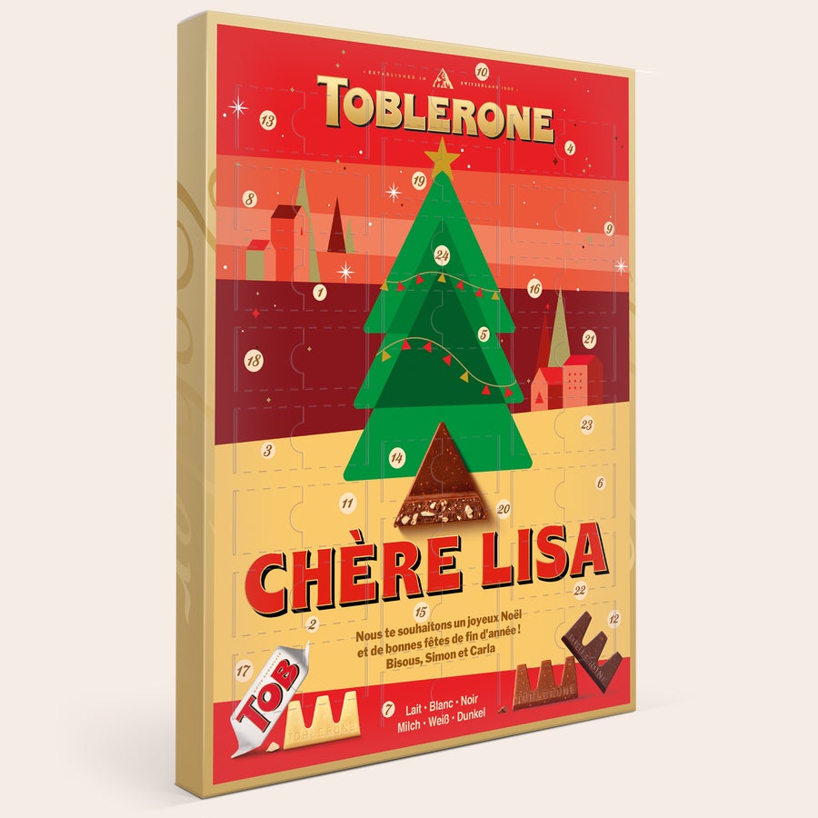 Calendrier de l'avent Toblerone  2025 Calendrier de l'Avent personnalisé Toblerone imprimé avec le nom "Chère Lisa" et un message.
