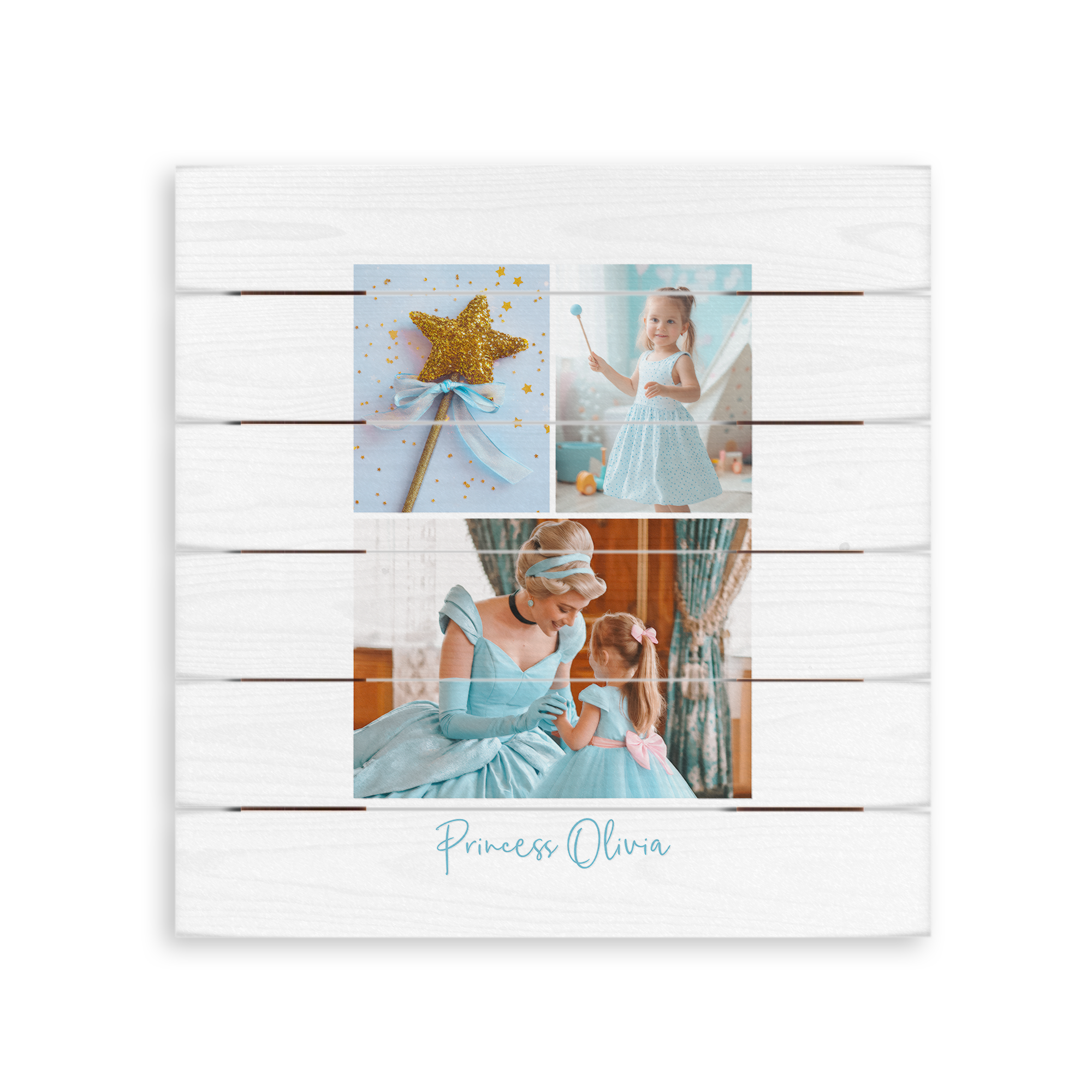 Whitewashed wooden planks with a photo print of a girl and Cinderella, customized with the name Princess Olivia.