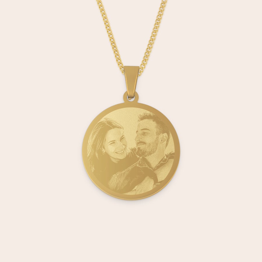 Round pendant necklace Gold round pendant engraved with a photo of a smiling couple, a beautiful photo gift.