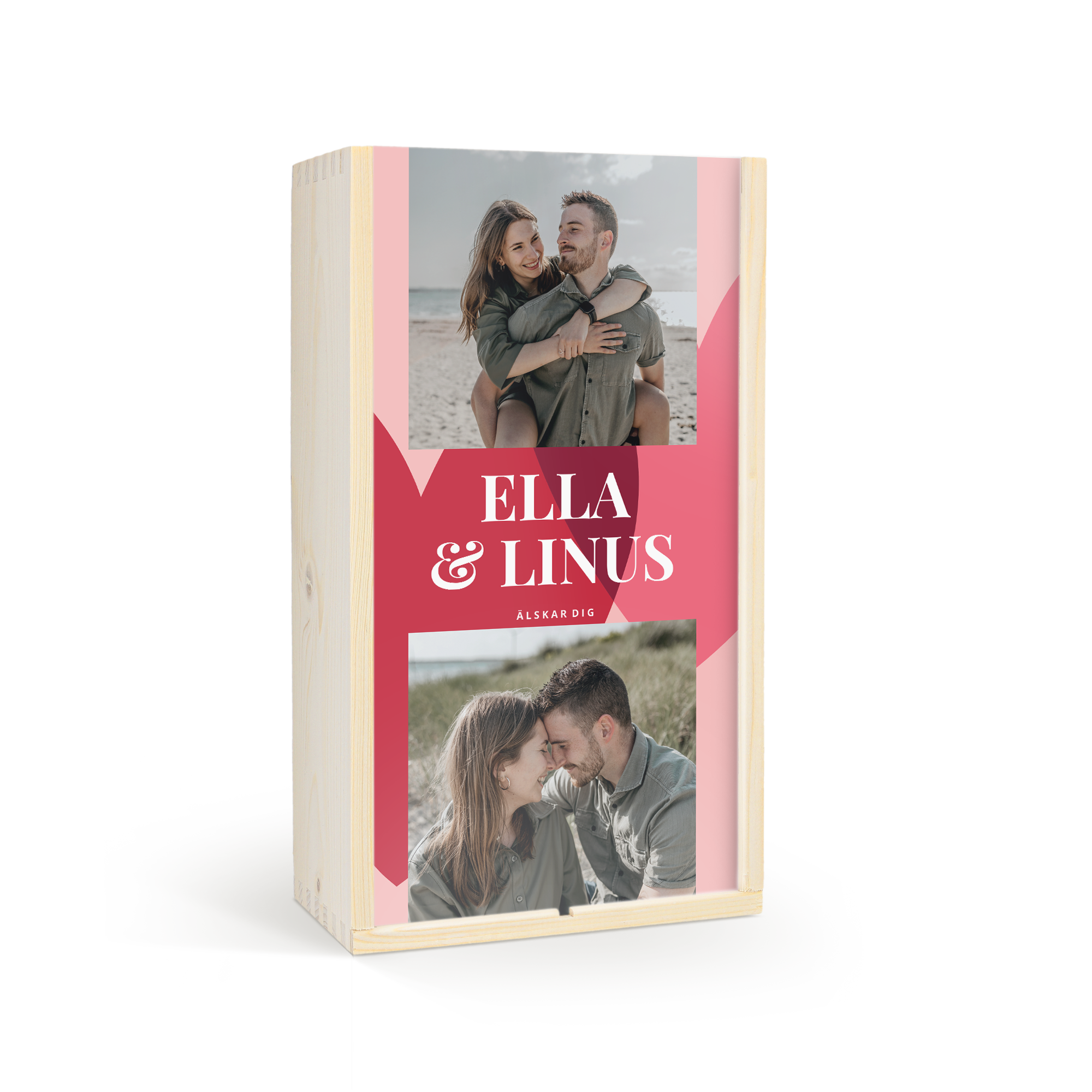 Elegant gin och tonic set med personlig trälåda, tryckt med ett foto av Ella och Linus