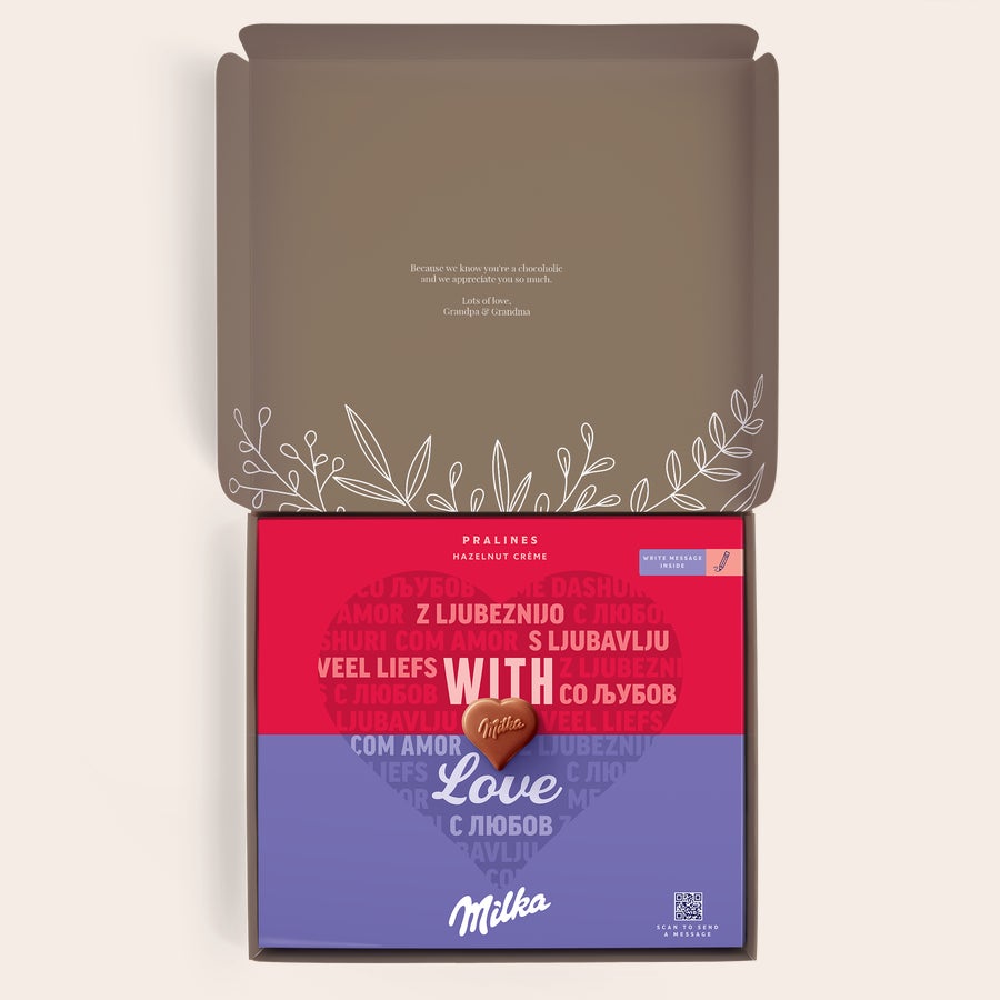 Personliga Milka presentförpackning - Tack Denna personliga Milka presentförpackning med praliner och ett rött lock tryckt med "With Love" är anpassningsbar med text.